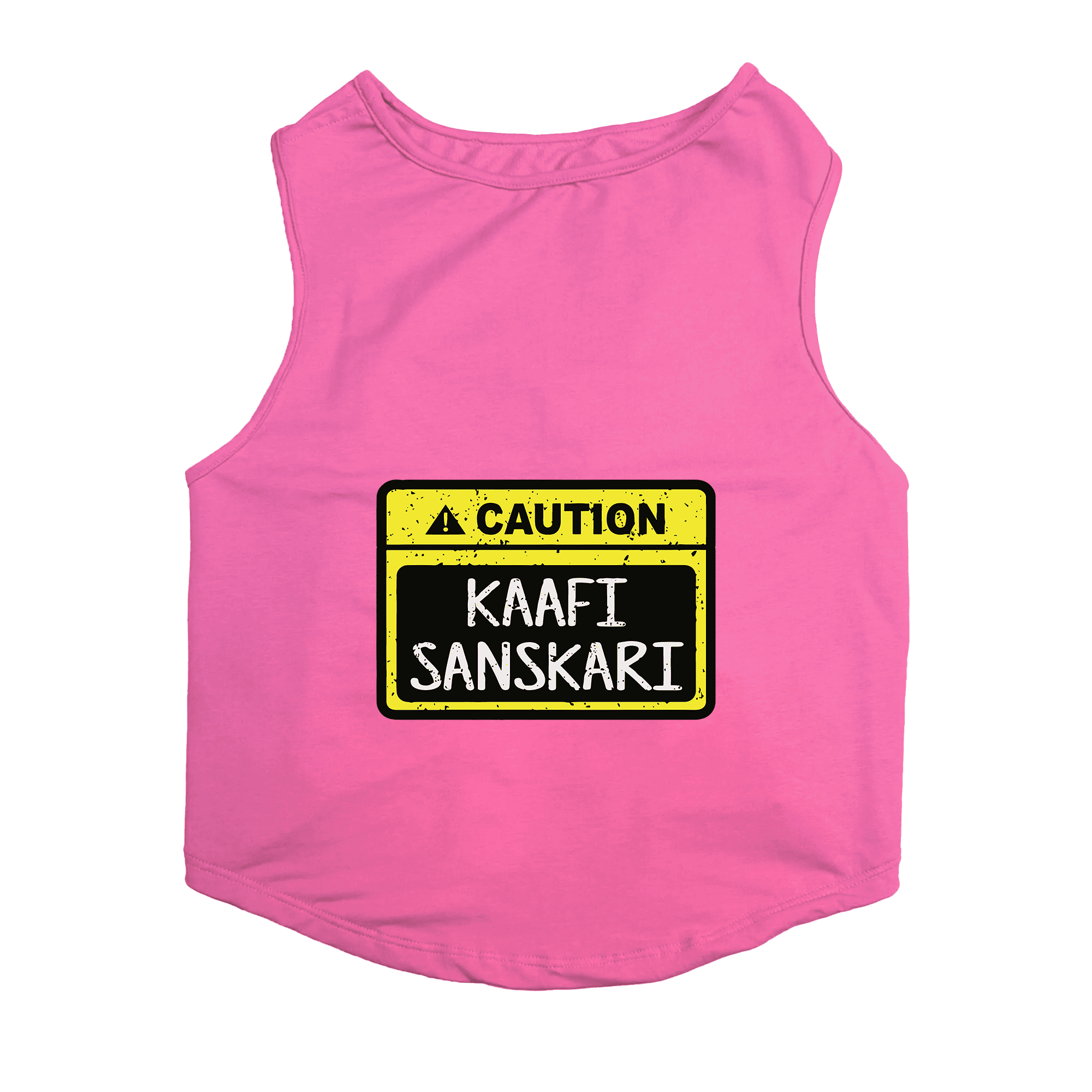 PawsIndia Sleeveless Printed Cat T-Shirt - Caution - Kaafi Sanskari (Pink)