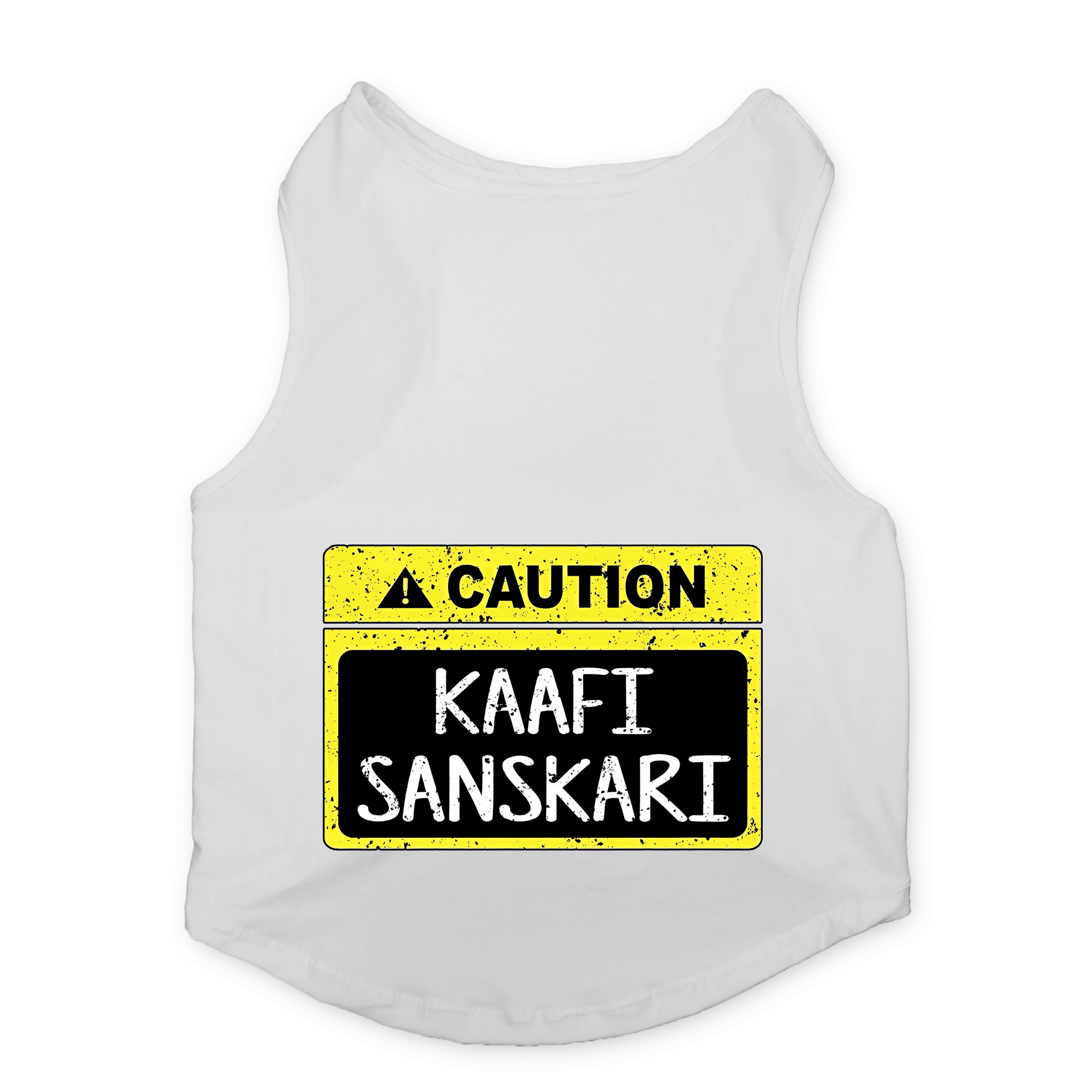 PawsIndia Sleeveless Printed Cat T-Shirt - Caution - Kaafi Sanskari (White)