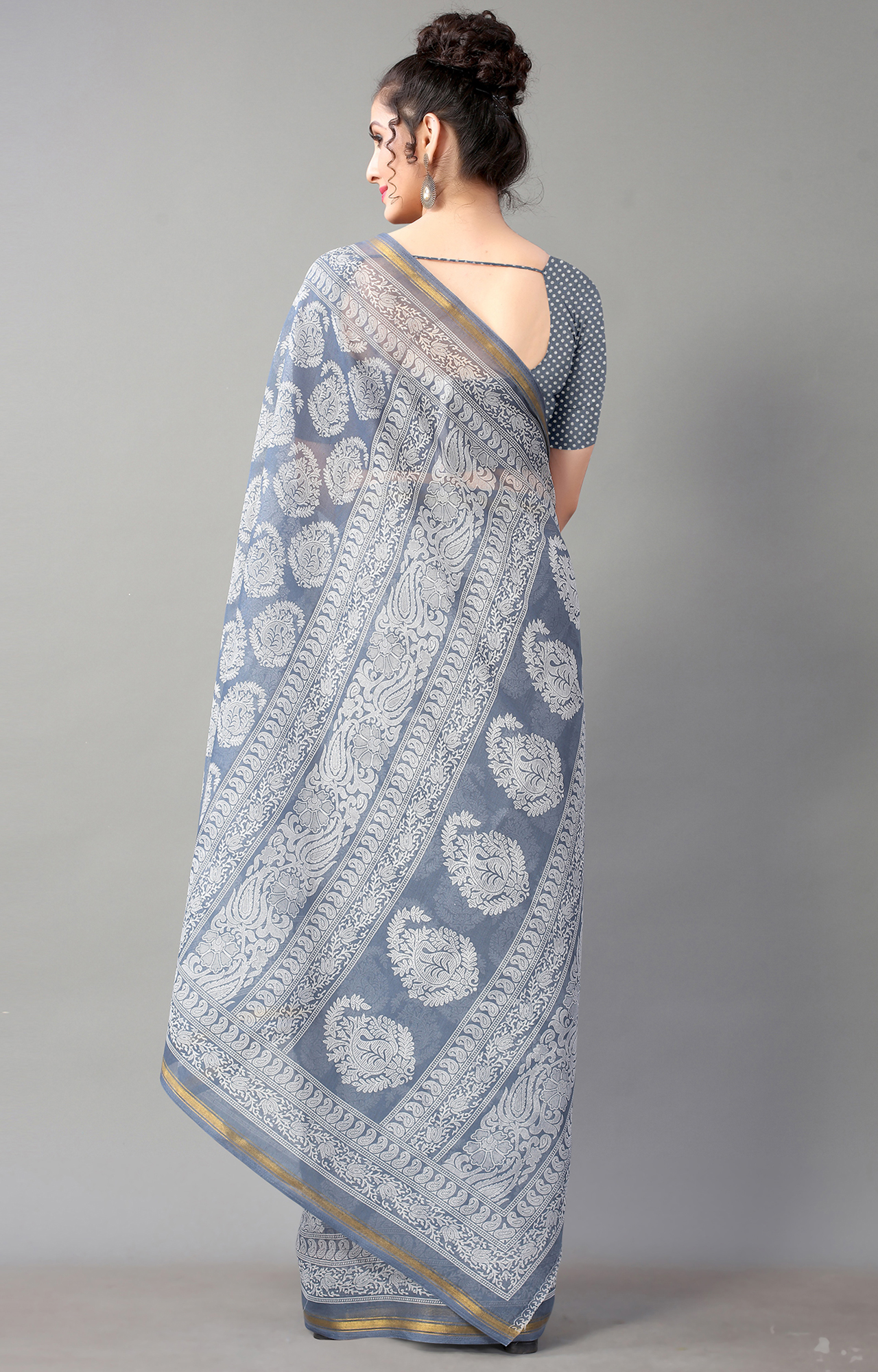 Women Grey Batick Block Print Casual Wear Saree-HAL21CTN00036GREY