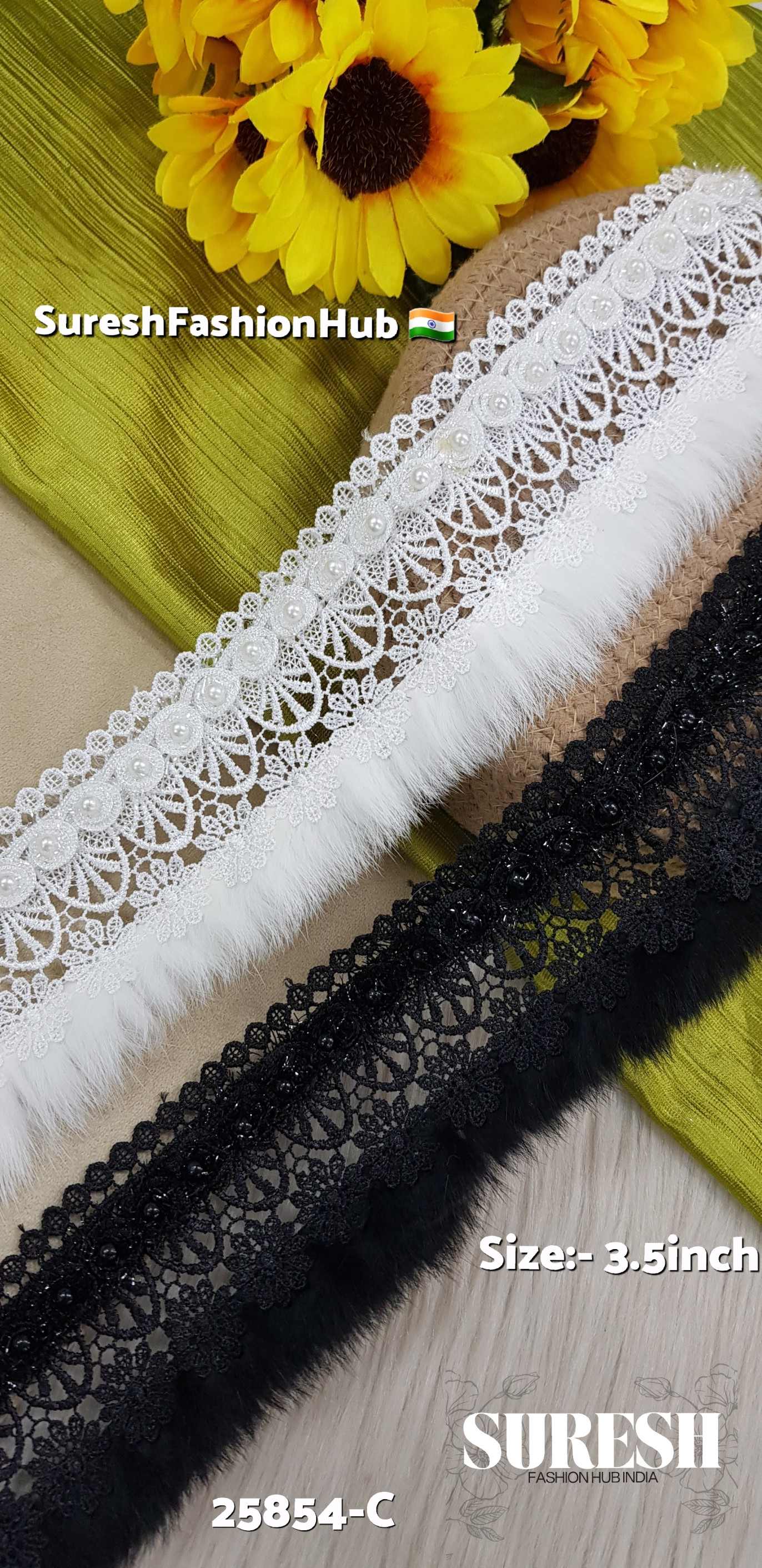 3D Black  Imported Fur & Pearl Layered Lace