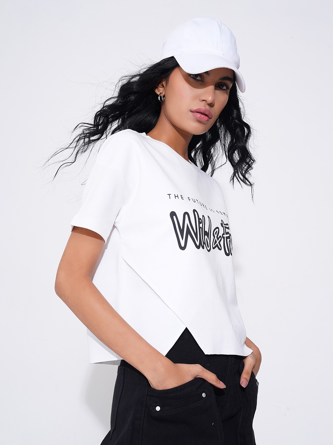 White Typographic Print T-Shirt with Layered Detail
