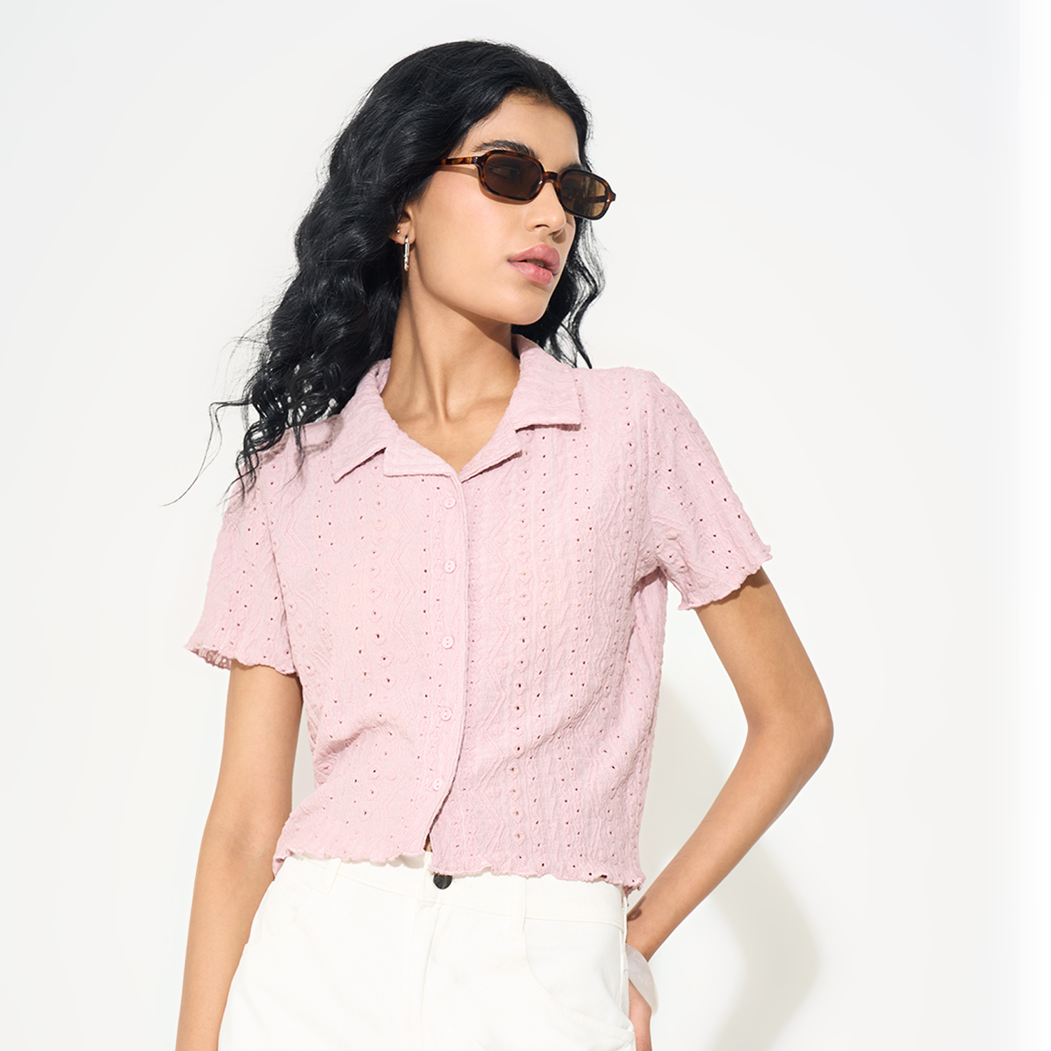 Pink Textured Eyelet Knit Shirt