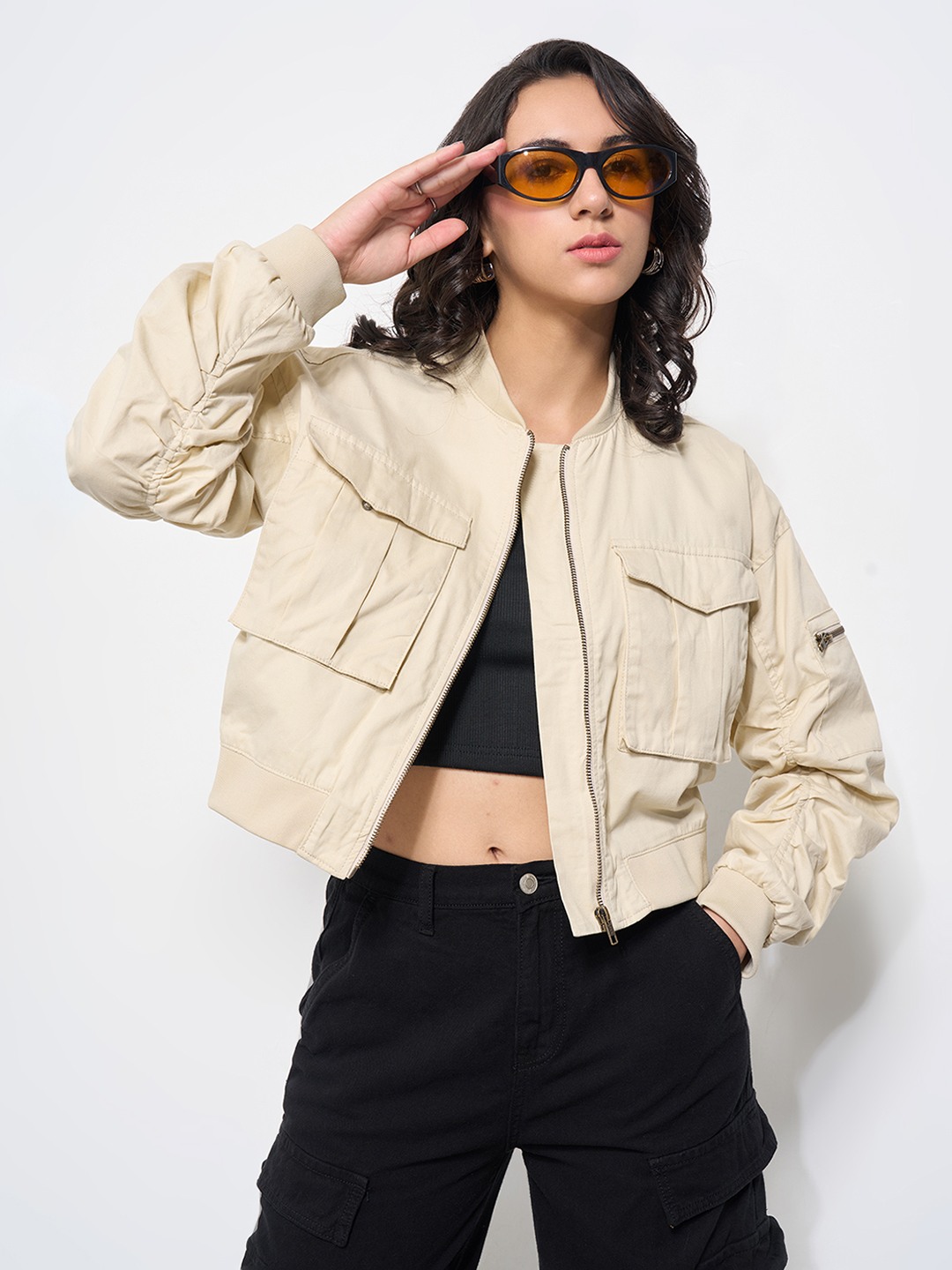 Beige Utility Bomber Jacket
