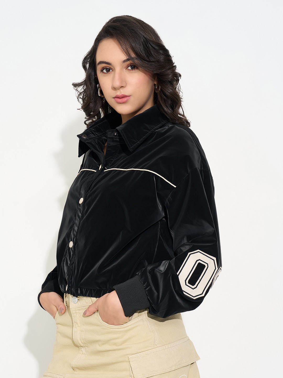 Black Cropped Taffeta Jacket with Contrast Piping