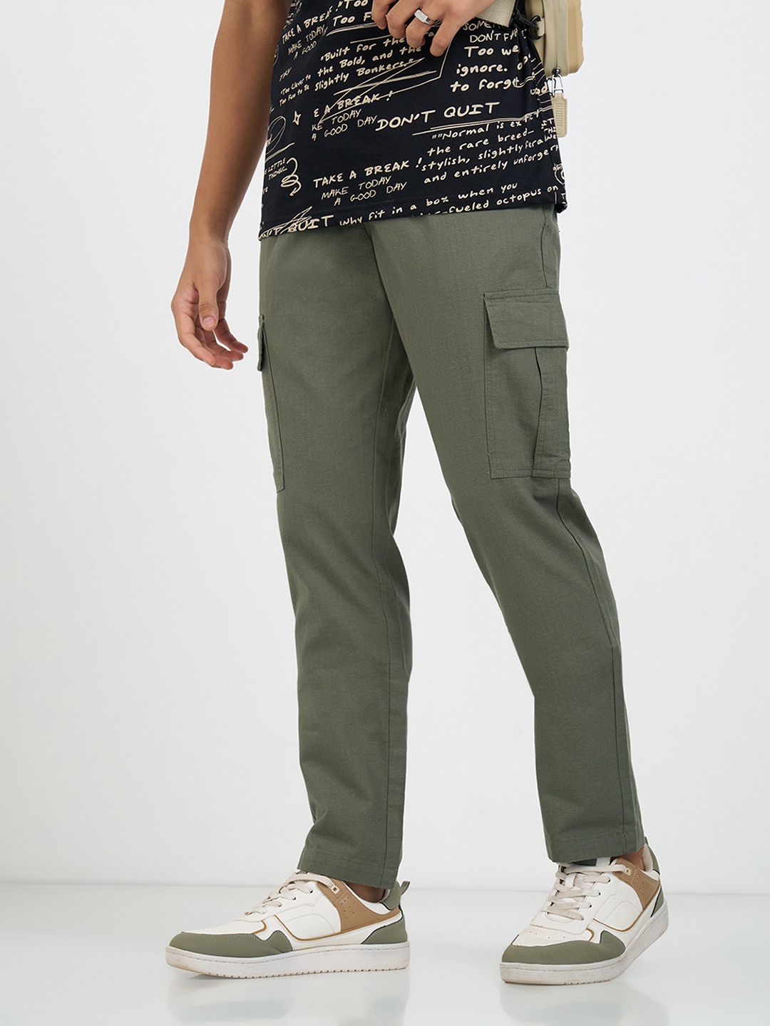 Olive Solid Slim Fit Cargo Drawstring Pants