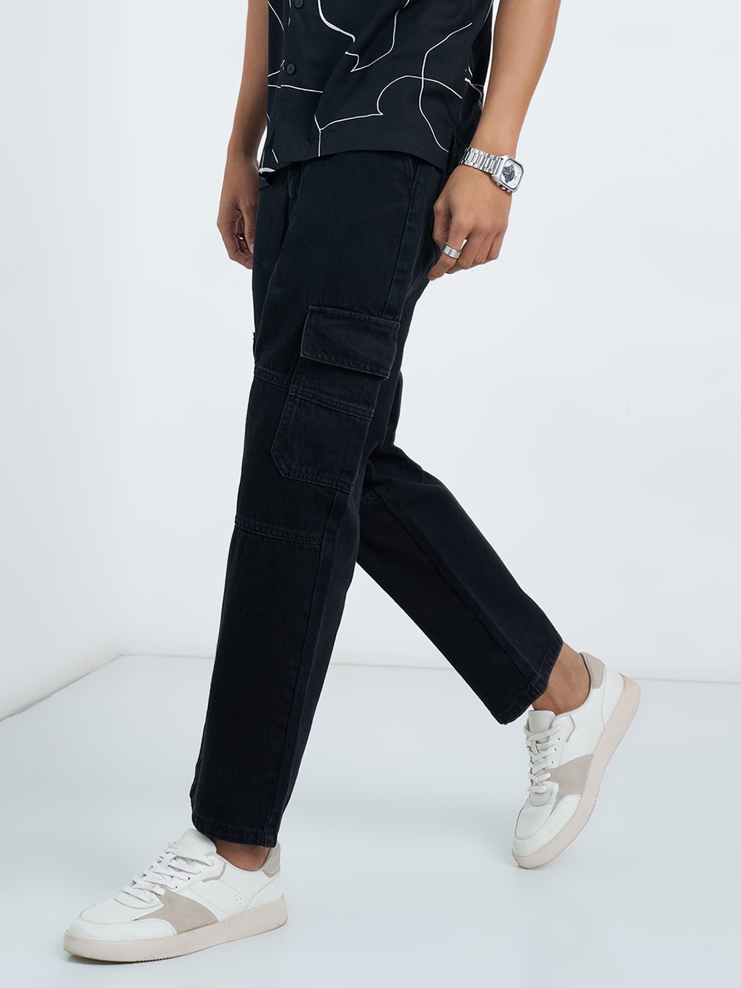 Black Washed Denim Cargo Pants