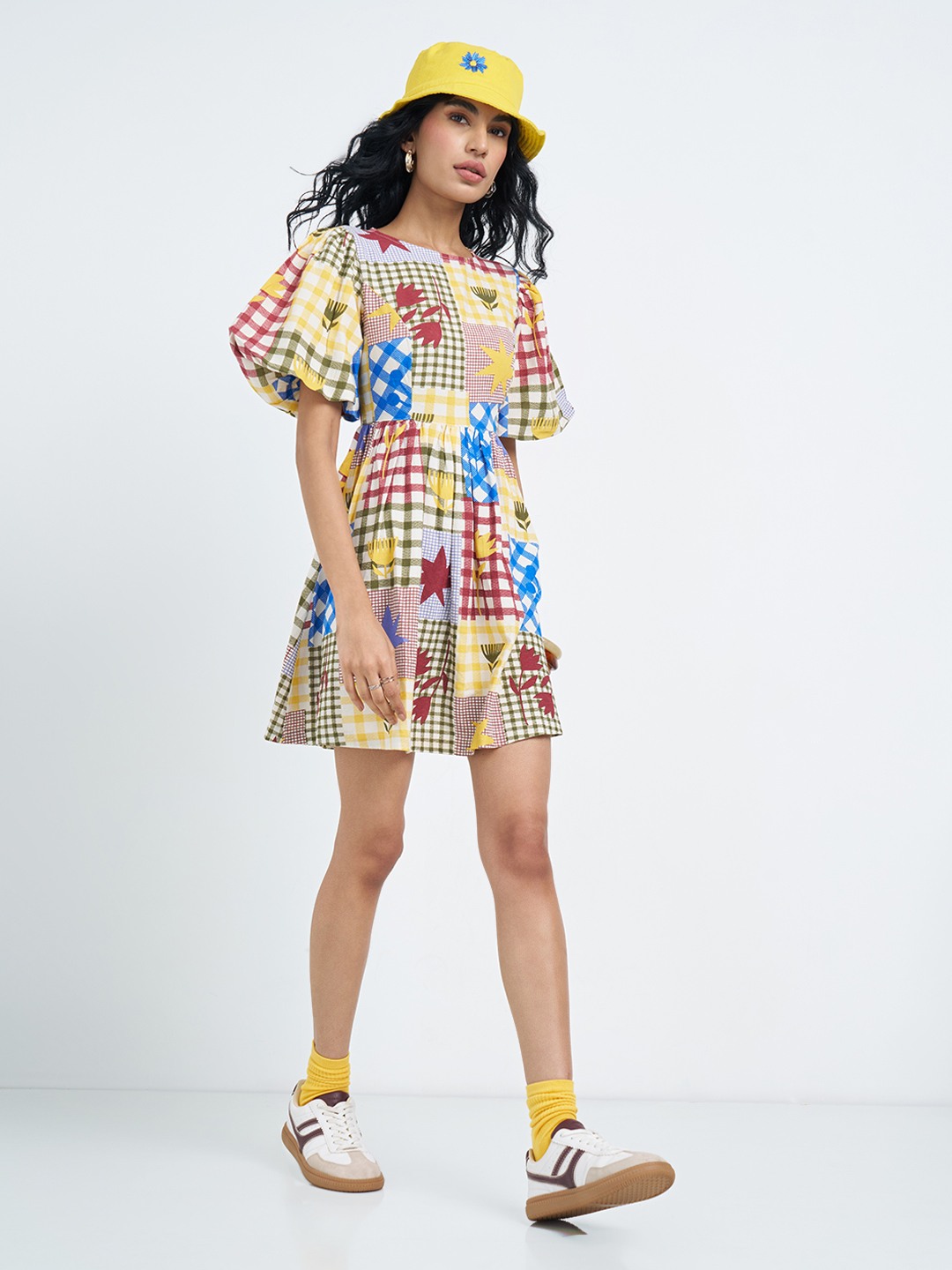 Multicoloured Patchwork Print Puff Sleeve Mini Dress