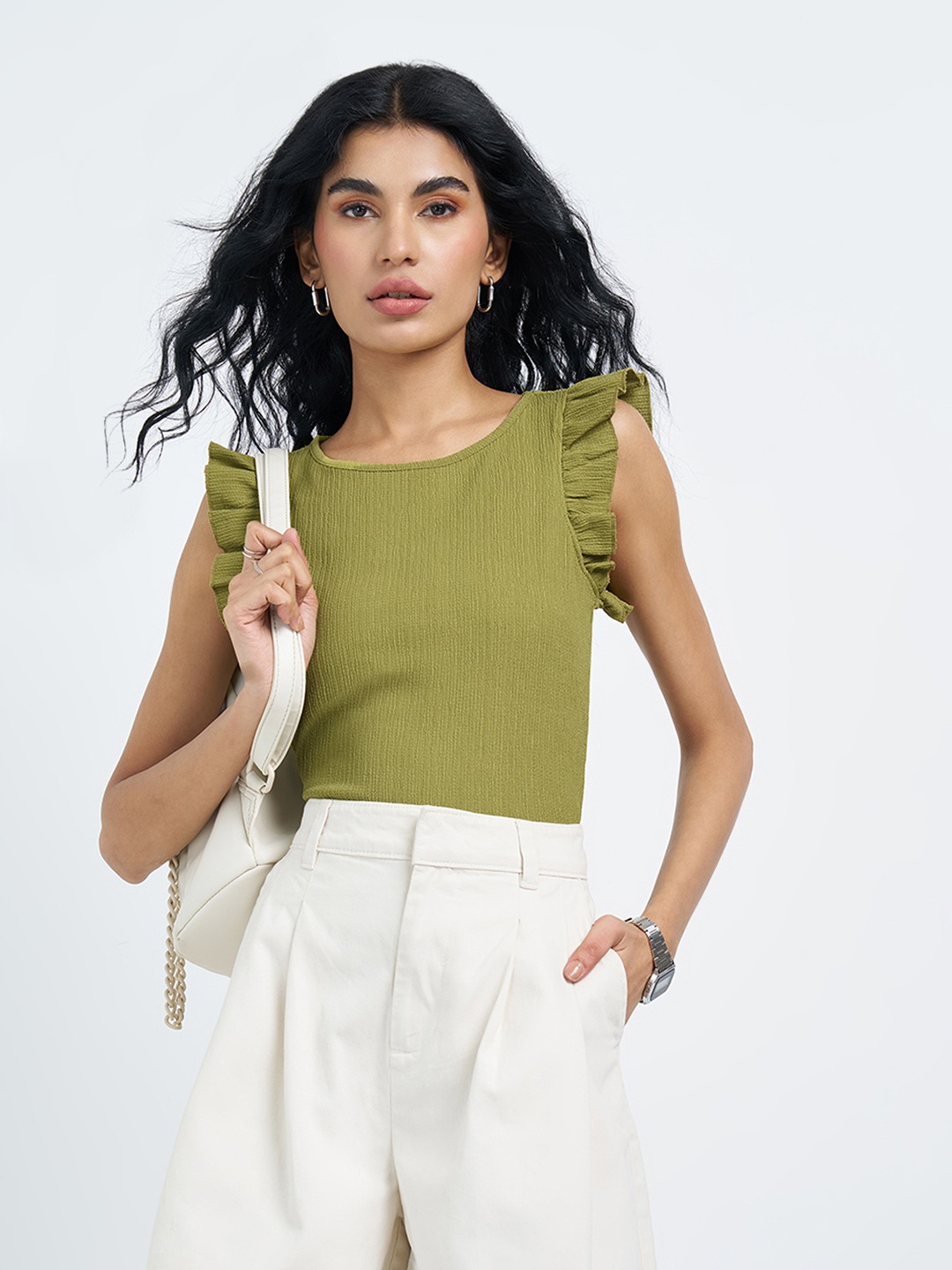 Olive Crush Texture Ruffle Sleeve Top