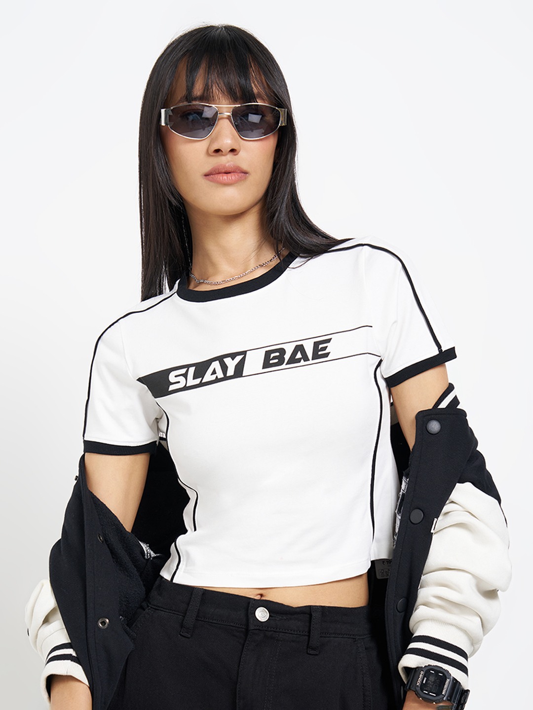 White Slogan Print Crop T-Shirt