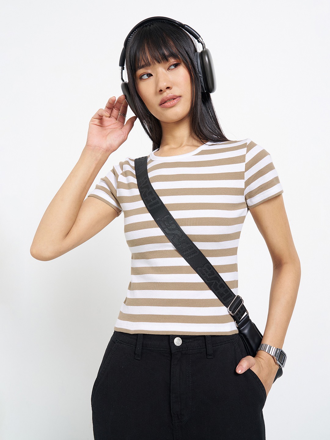 Brown Striped Rib Knit T-Shirt