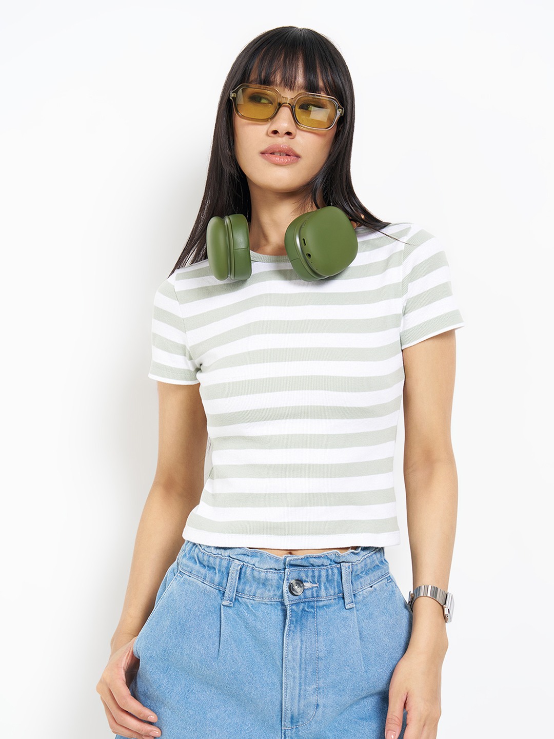 Sage Striped Rib Knit T-Shirt