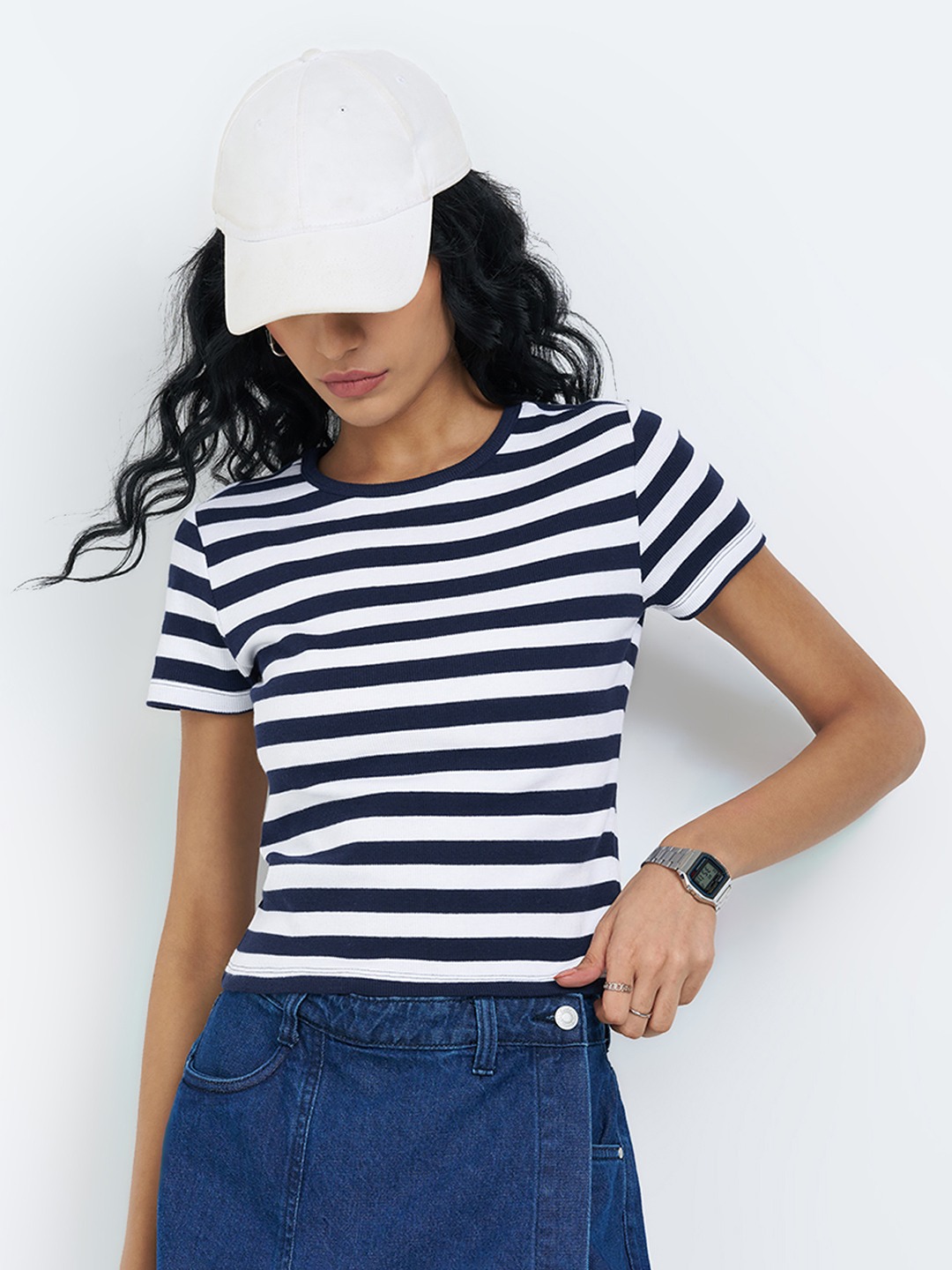 Navy Striped Rib Knit T-Shirt