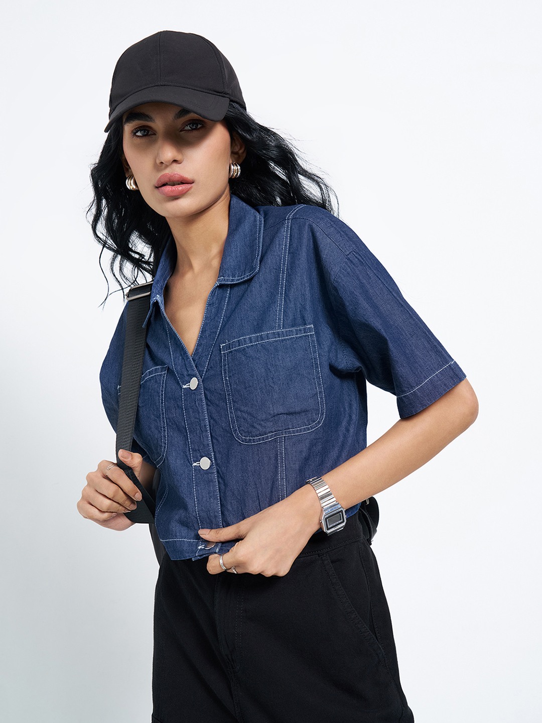 Dark Blue Rinse Cropped Denim Shirt