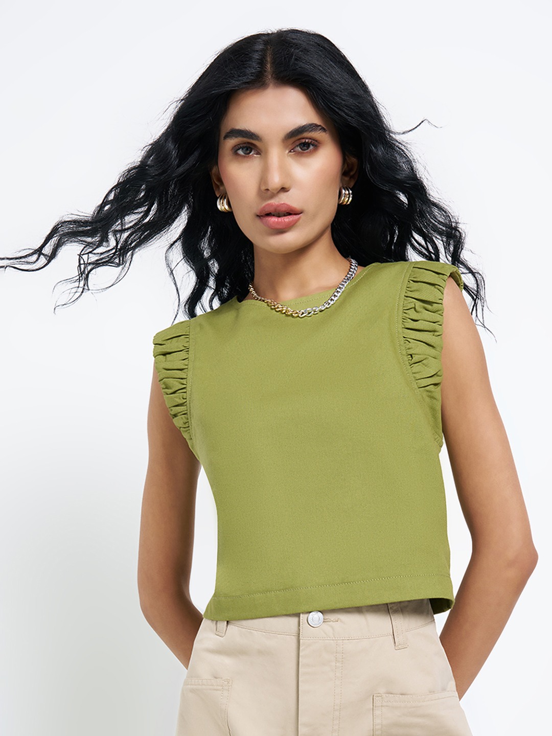 Olive Solid Ruffle Detail Top