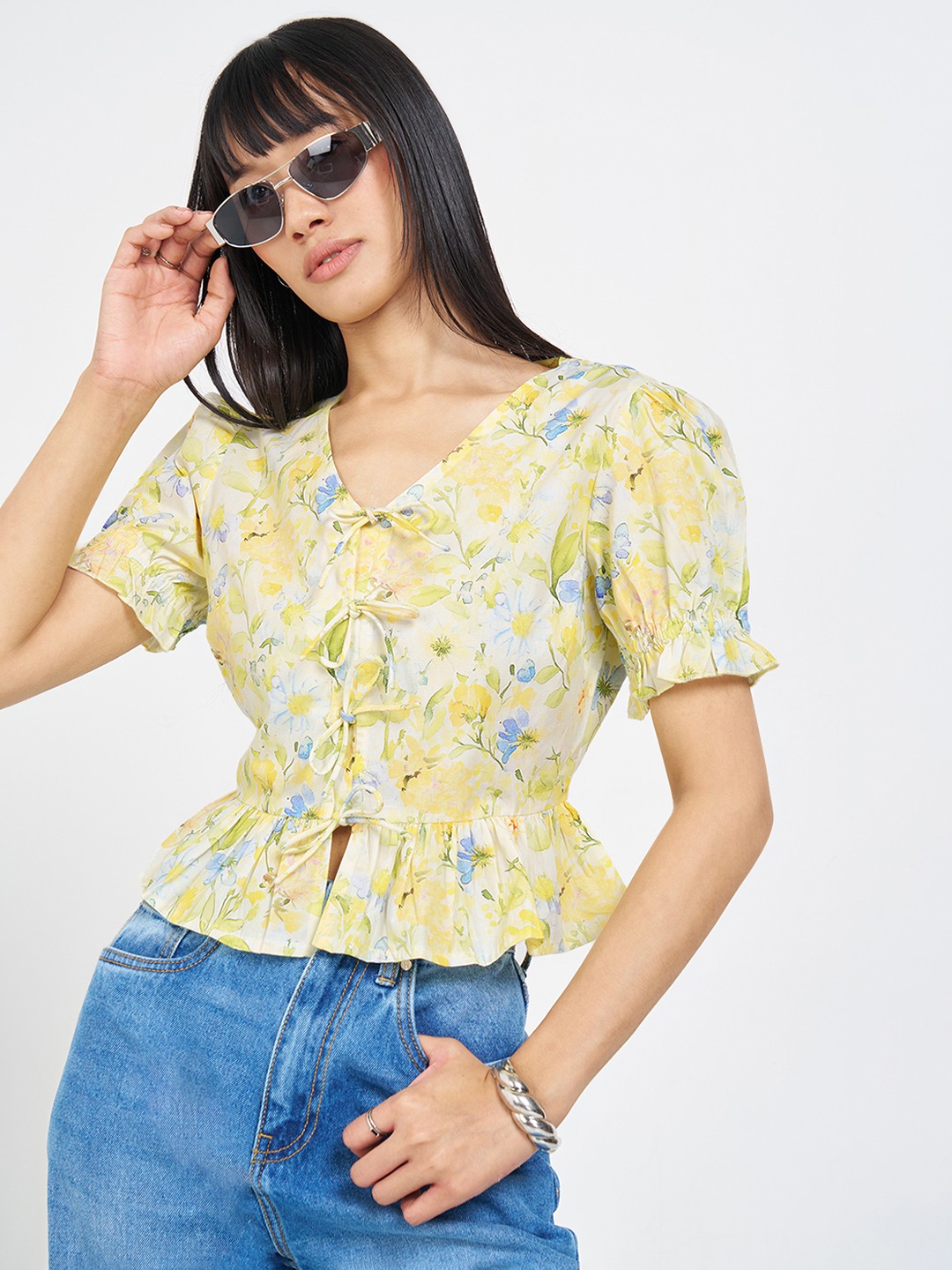 Yellow Floral Tie-Up Peplum Top
