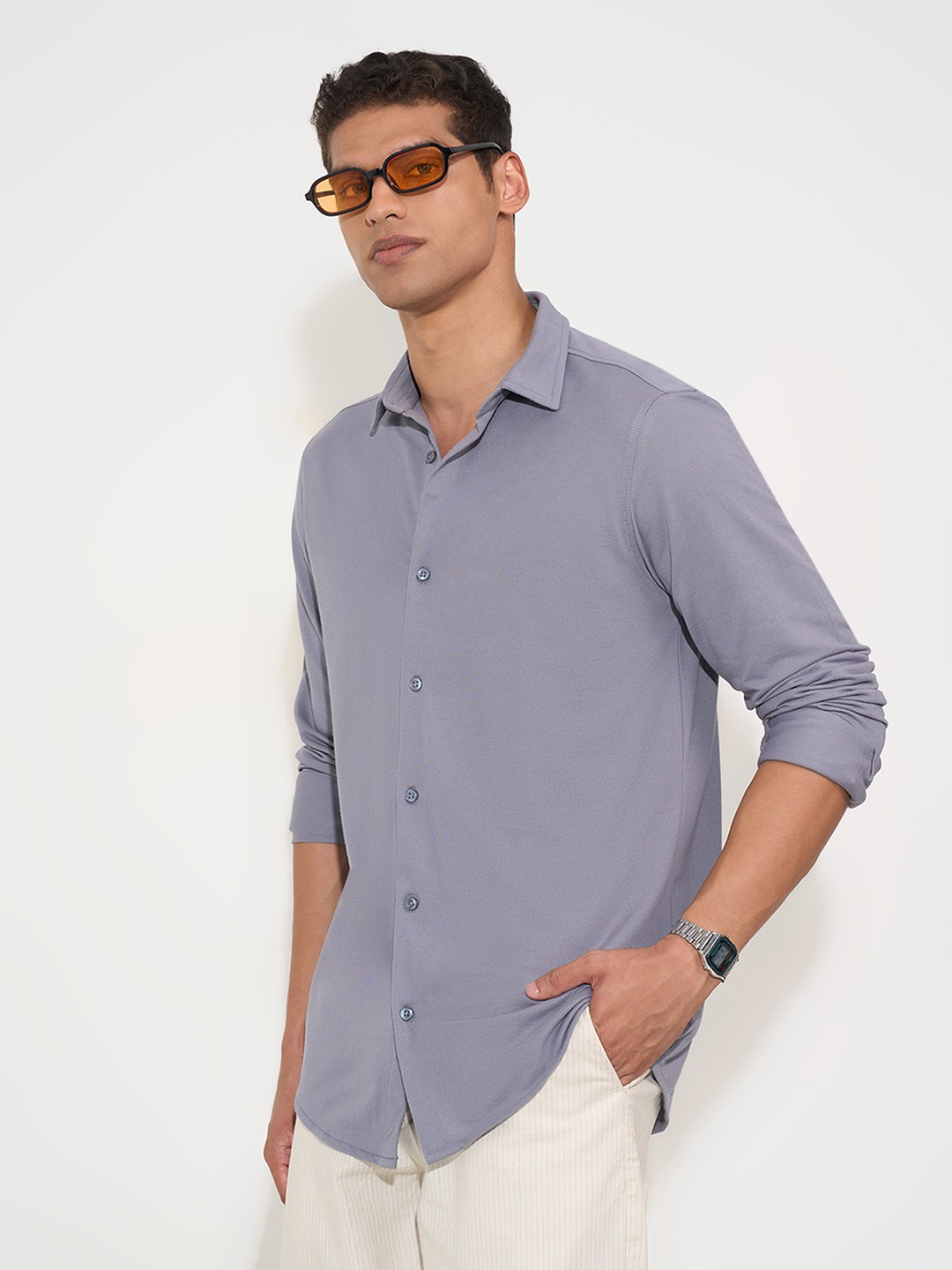 Grey Solid Contemporary Fit Shirt