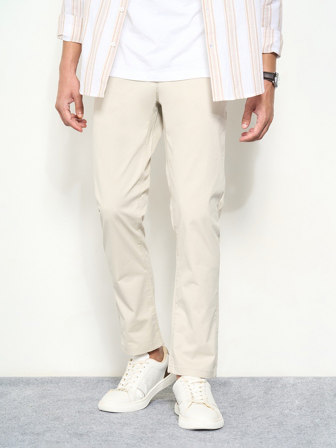 Cream Slim Fit Ankle Chino Pants
