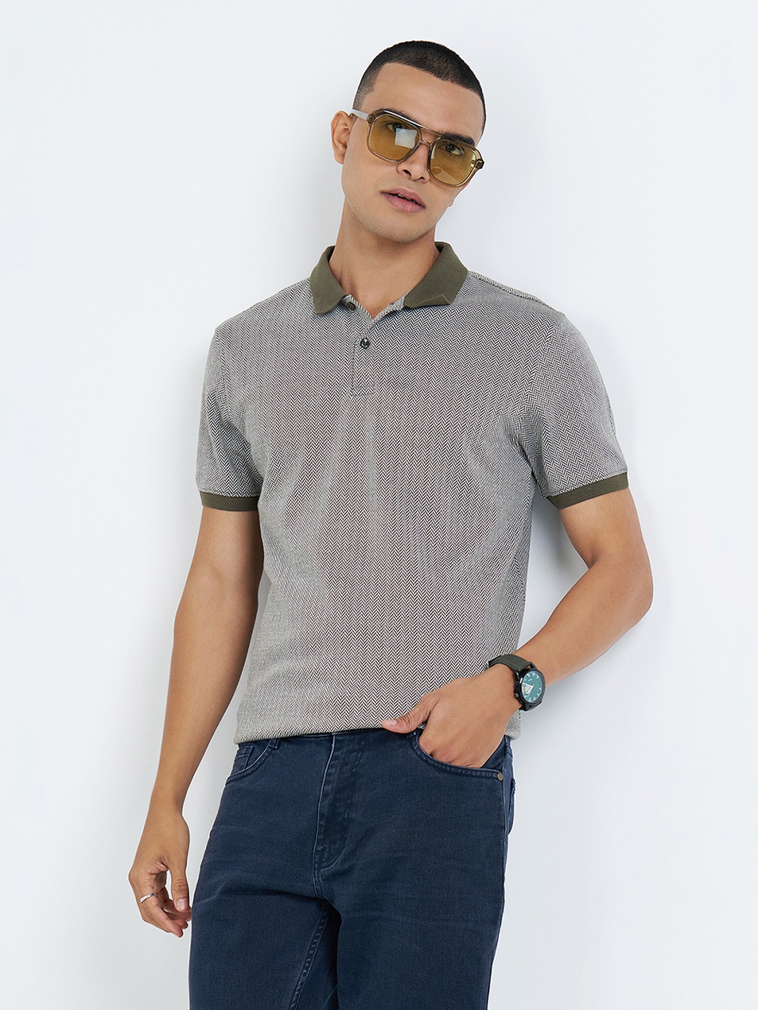Olive Herringbone Polo T-Shirt