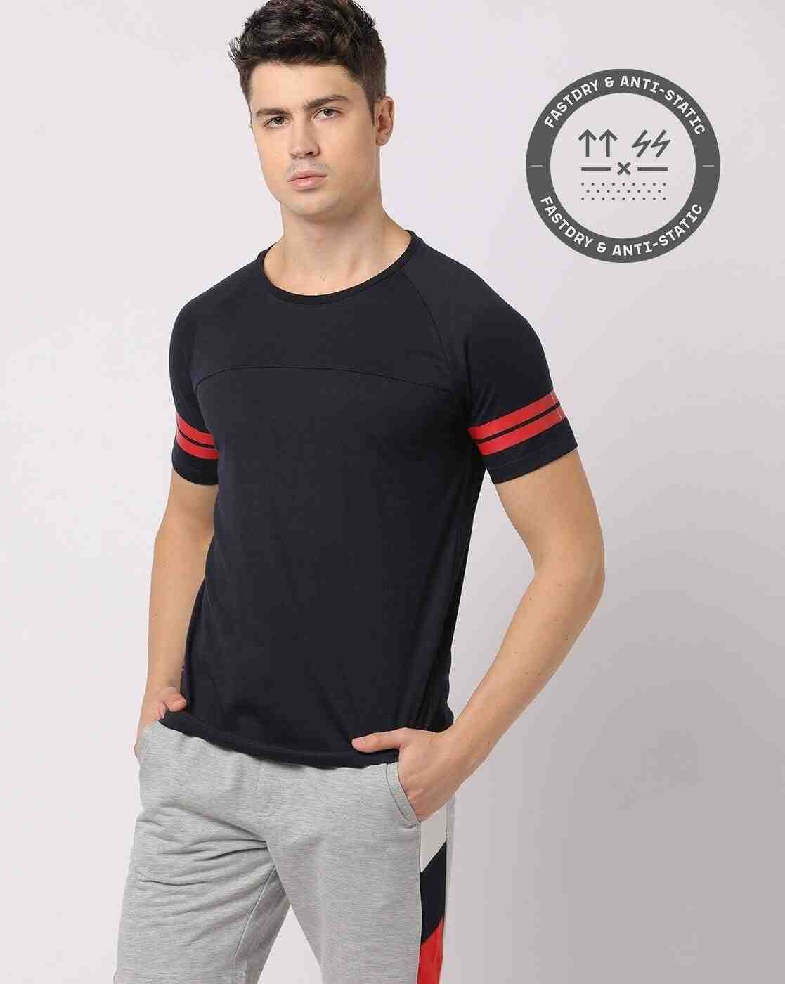 Regular Fit Crew-Neck T-Shirt with Striped Sleeves