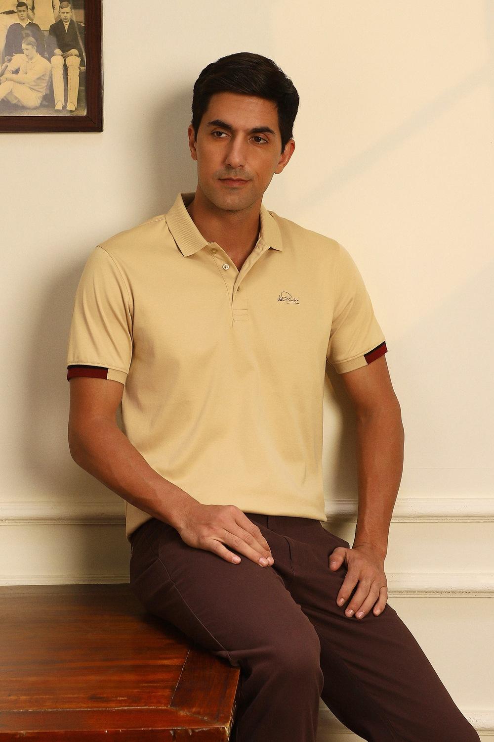 Men Beige Solid Polo Neck T-shirt