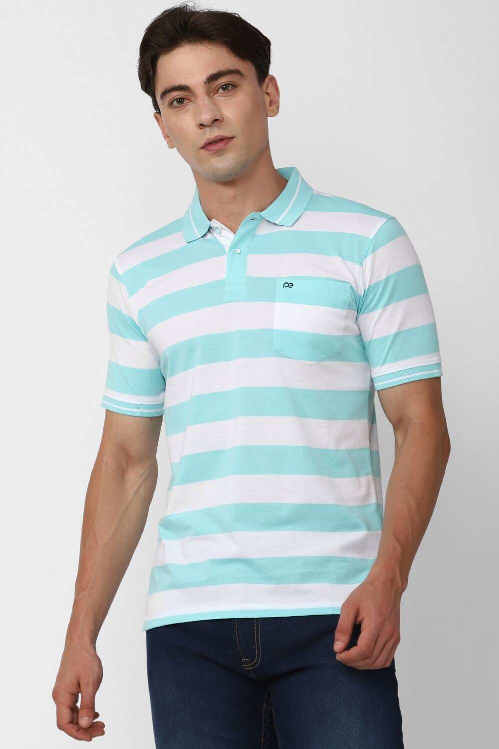 Men Blue Stripe Polo Neck Collar T-shirt