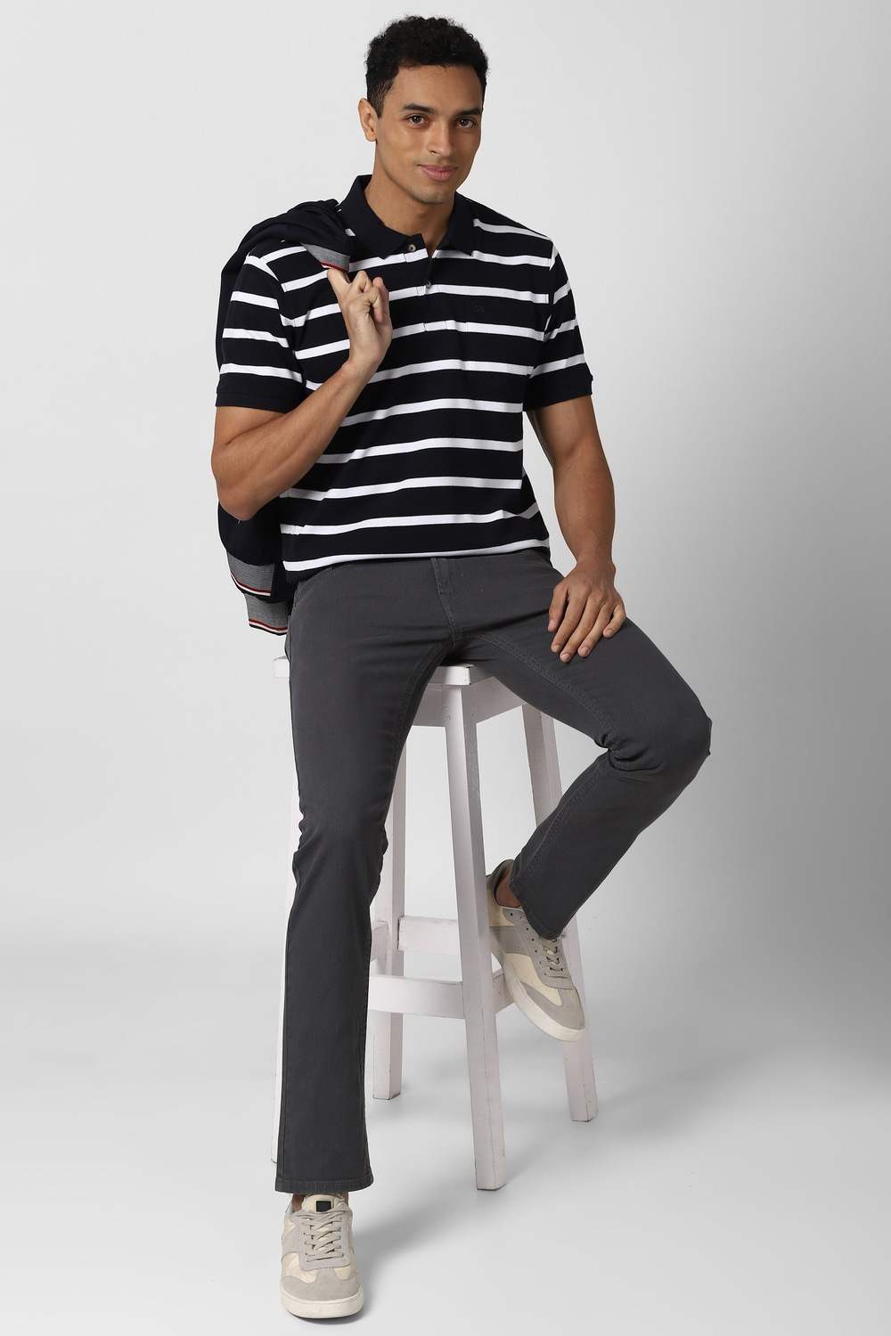 Men Black Stripe Polo Neck Collar T-shirt