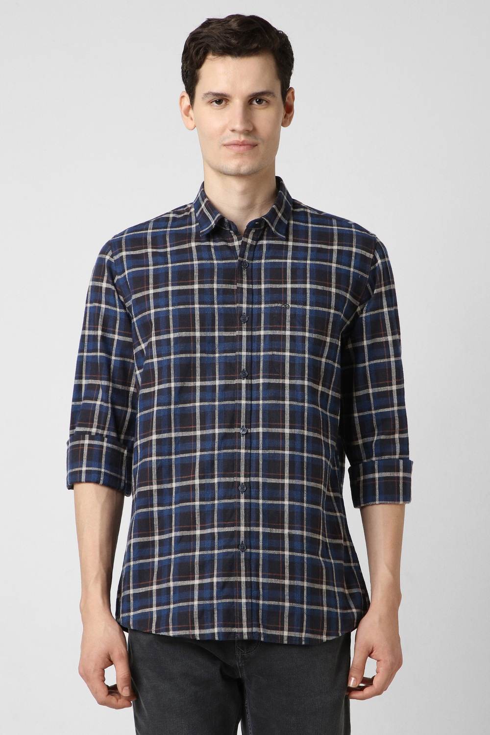 Men Blue Slim Fit Check Full Sleeves Casual Shirt