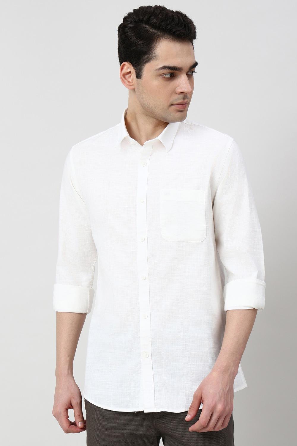 Men White Slim Fit Textured Full Sleeves Casual Shirt