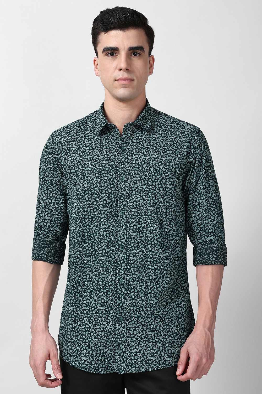 Men Green Slim Fit Print Full Sleeves Casual Shirt