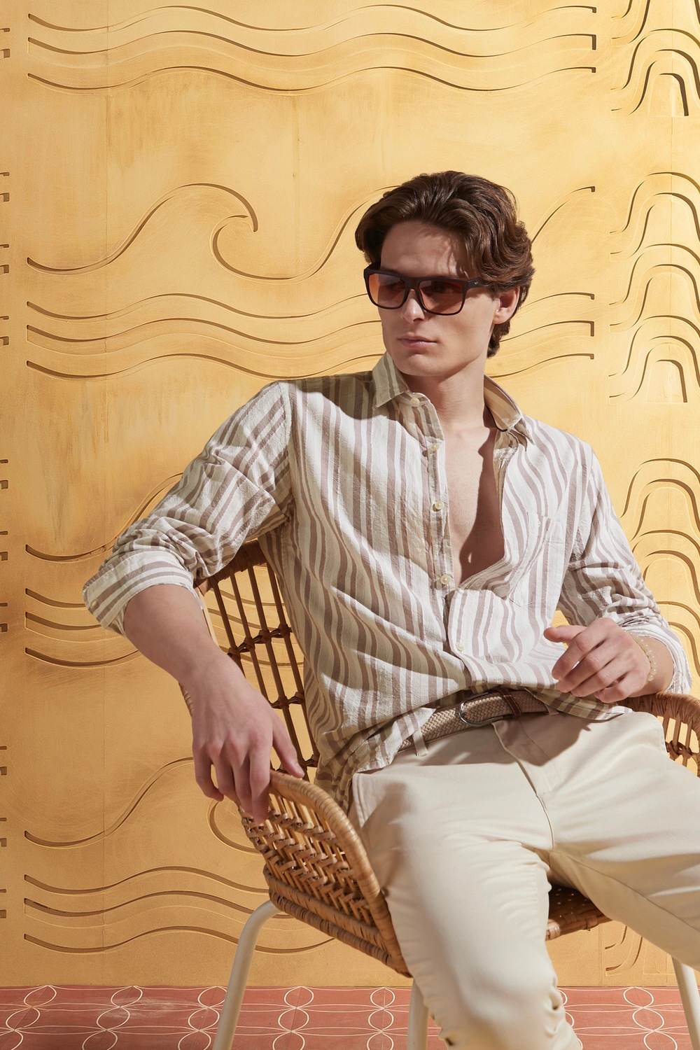 Men Beige Slim-Fit Full Sleeves Casual Shirt with Brown Stripes - 100% Cotton