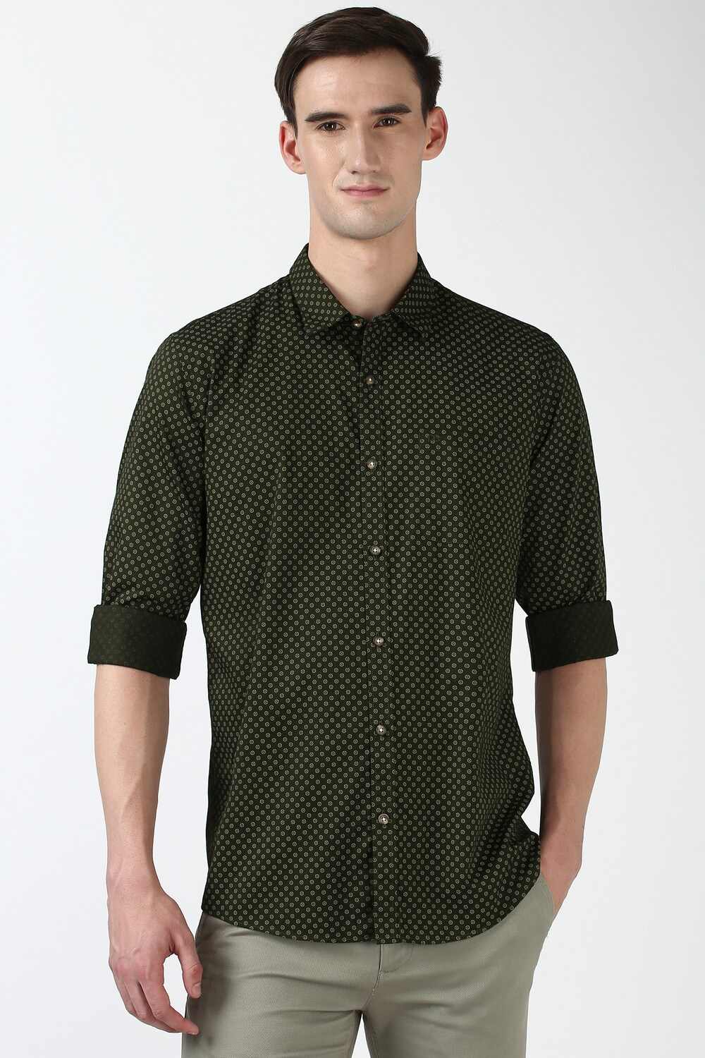 Men Olive Slim Fit Print Shirt