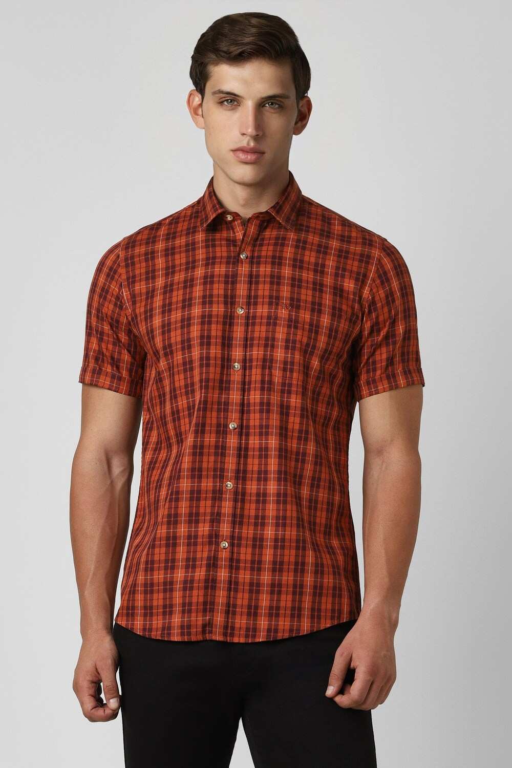 Men Orange Slim Fit Check Shirt