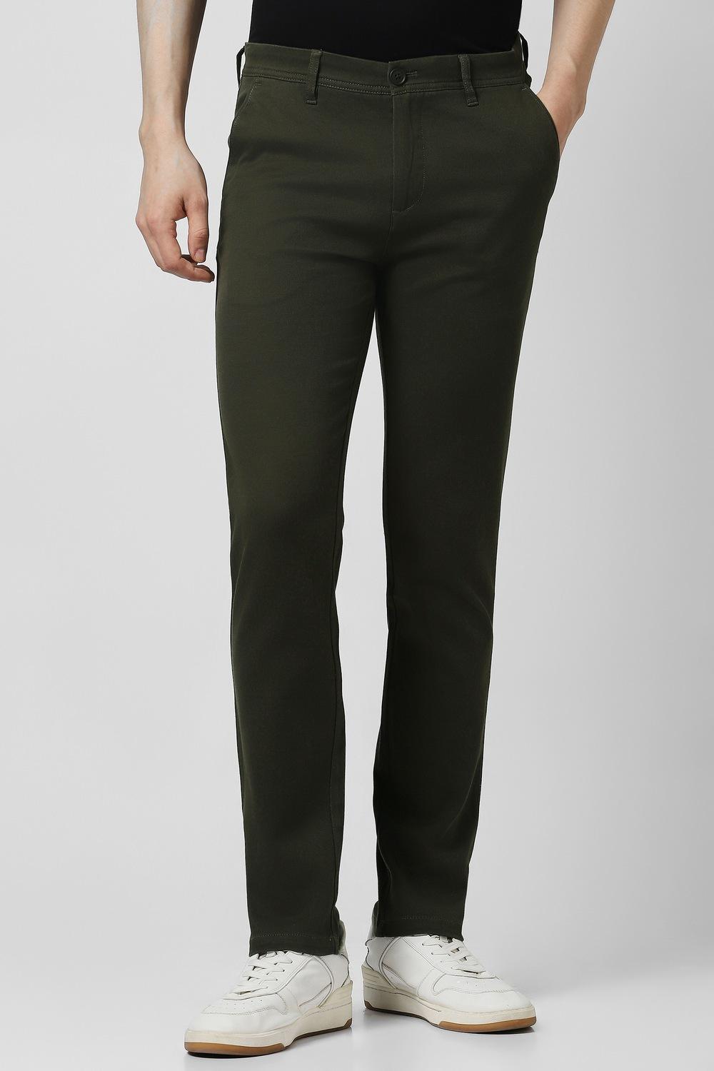 Men Green Textured Super Slim Fit Casual Trousers