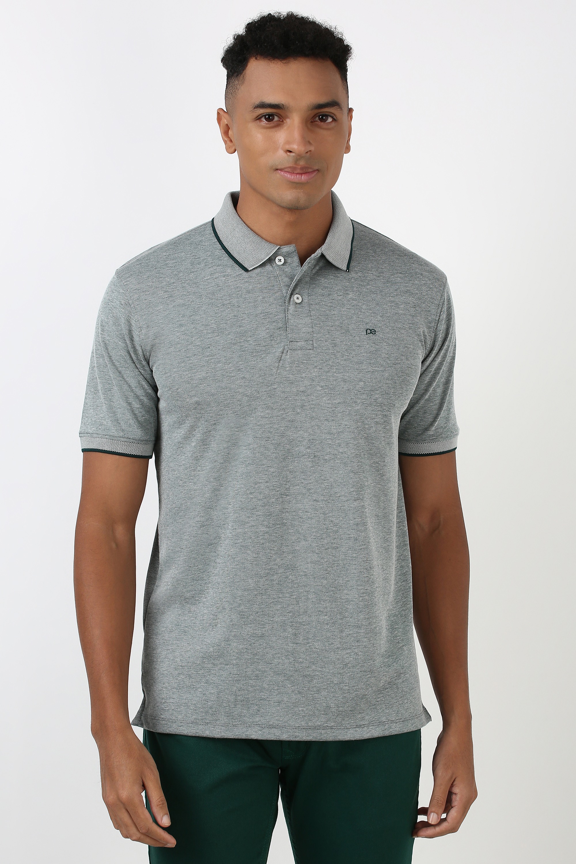 Men Grey Textured Polo Neck Collar T-shirt
