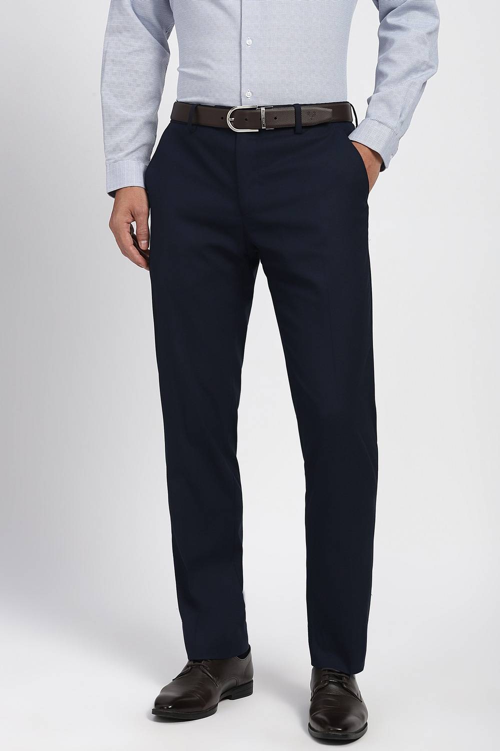 Men Navy Solid Formal Trousers