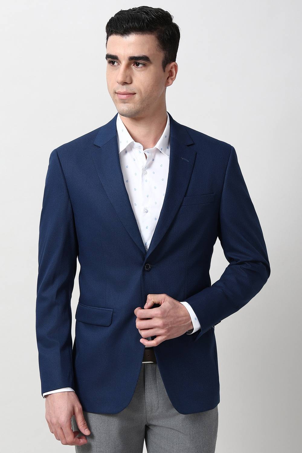 Men Navy Textured Formal Blazer