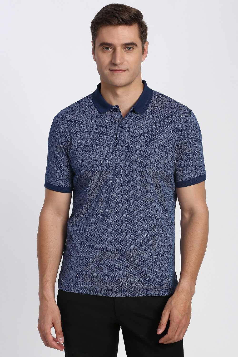 Men Blue Print Polo Neck T-shirt