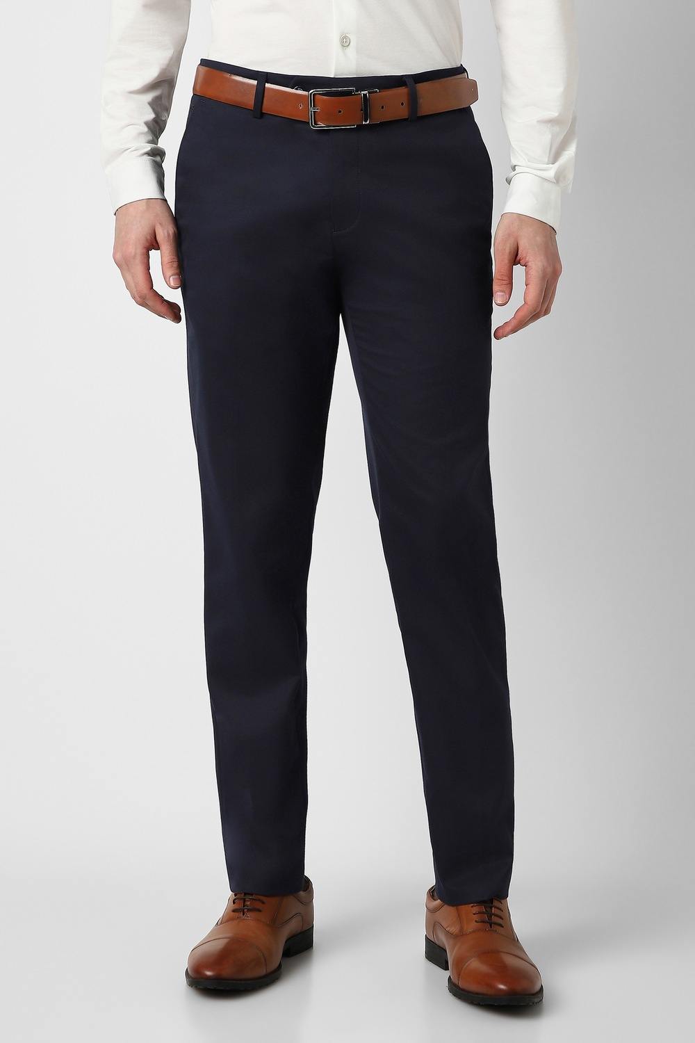 Men Navy Solid Formal Trousers