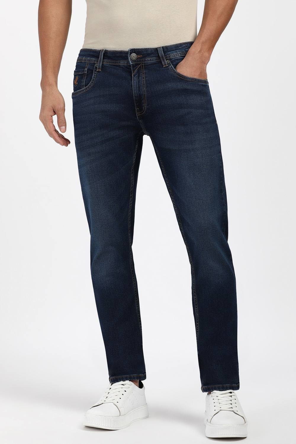 Men Navy Mid Wash Jeans