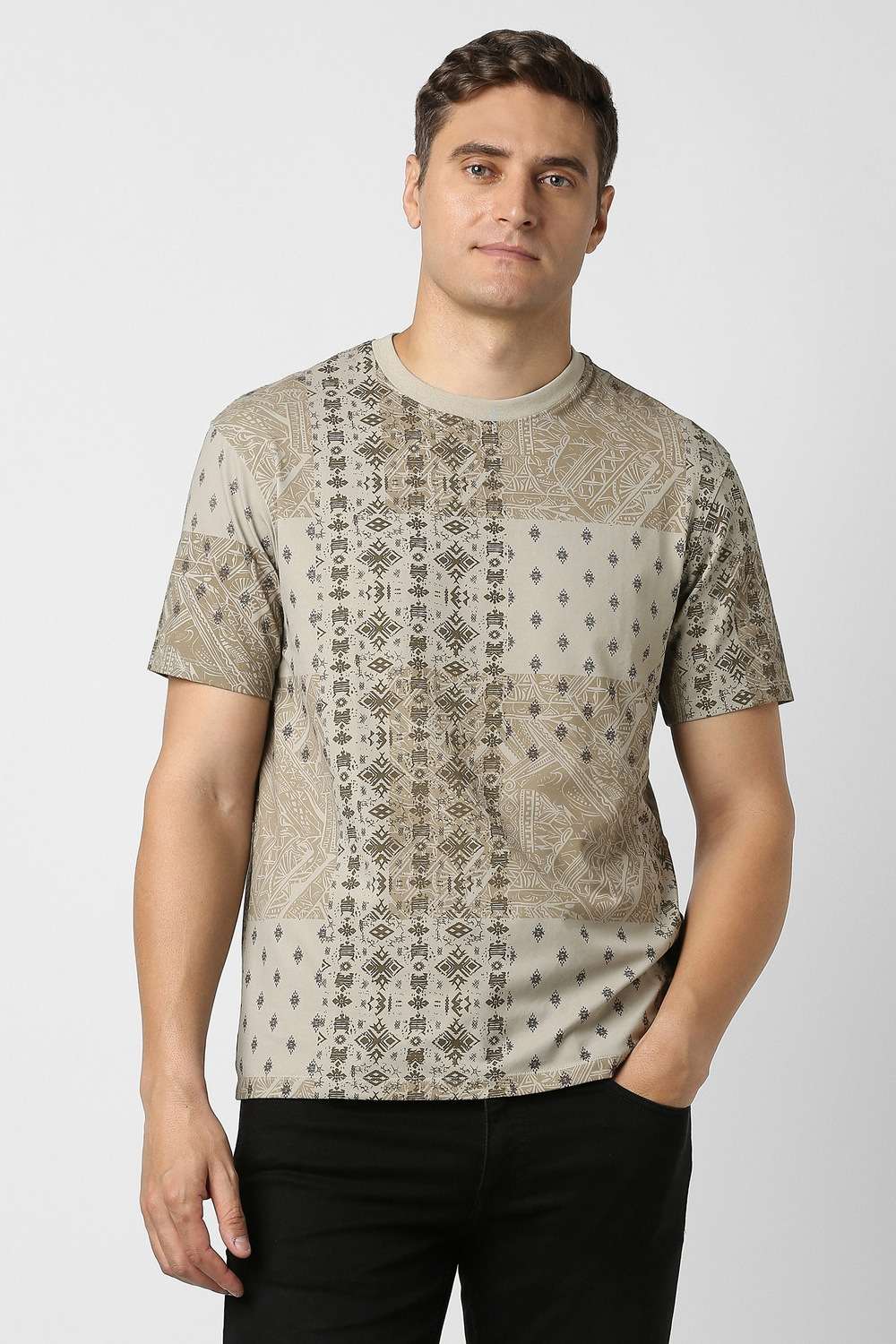 Men Beige Print Round Crew Neck T-shirt