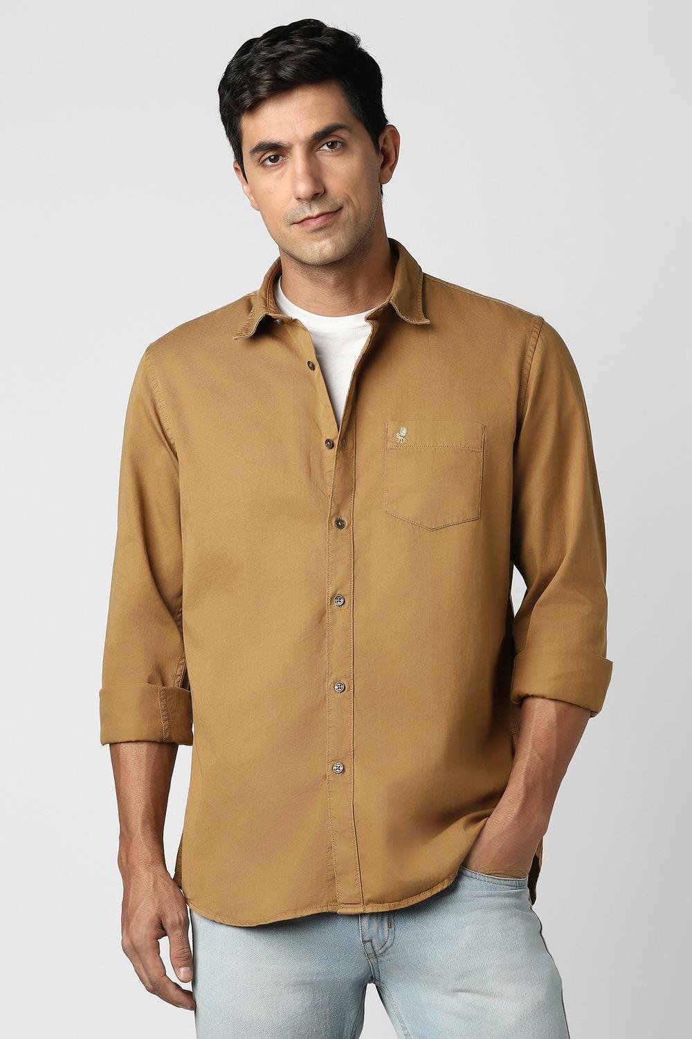 Men Brown Slim Fit Solid Full Sleeves Casual Shirt