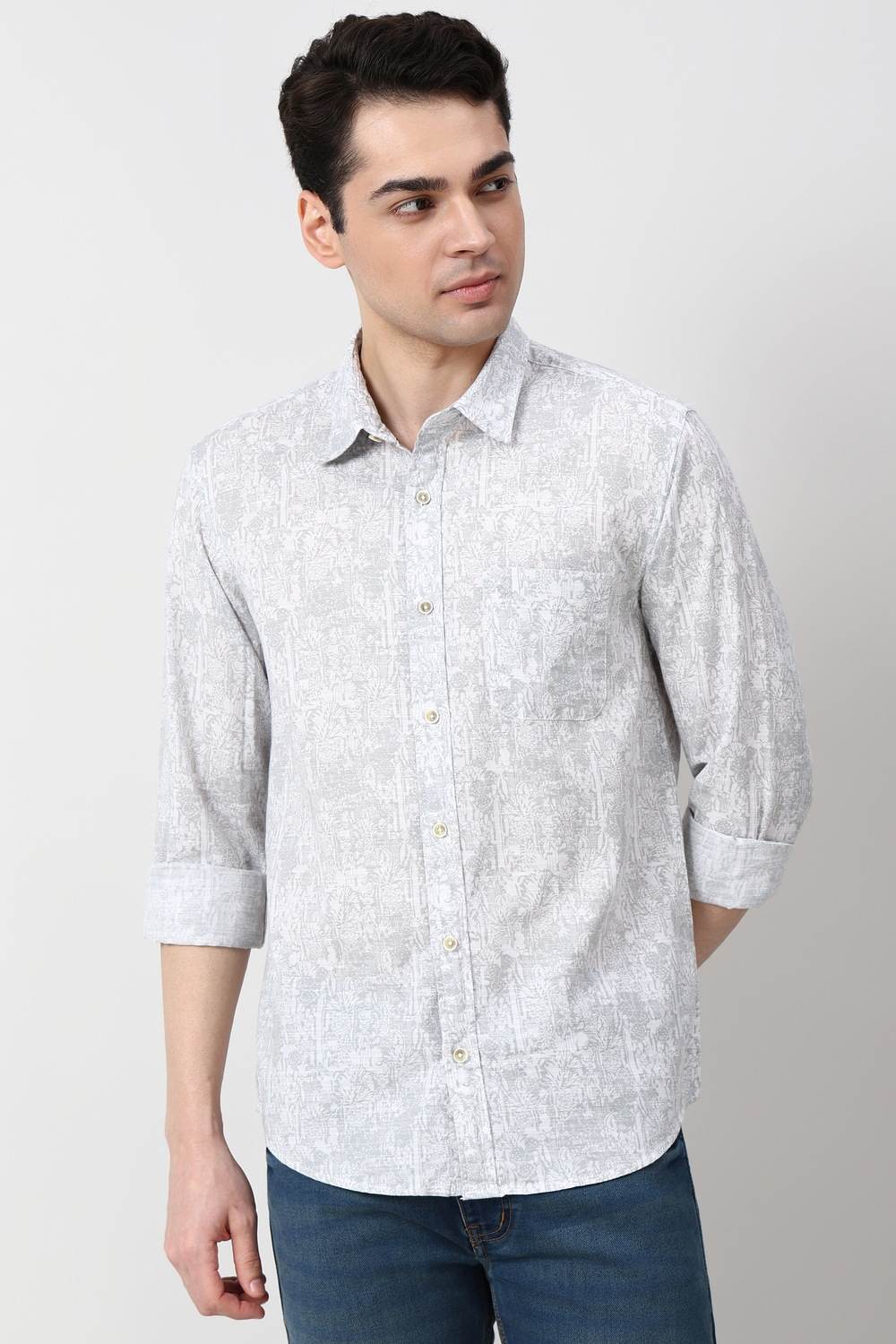 Men Grey Slim Fit Print Full Sleeves Casual Shirt