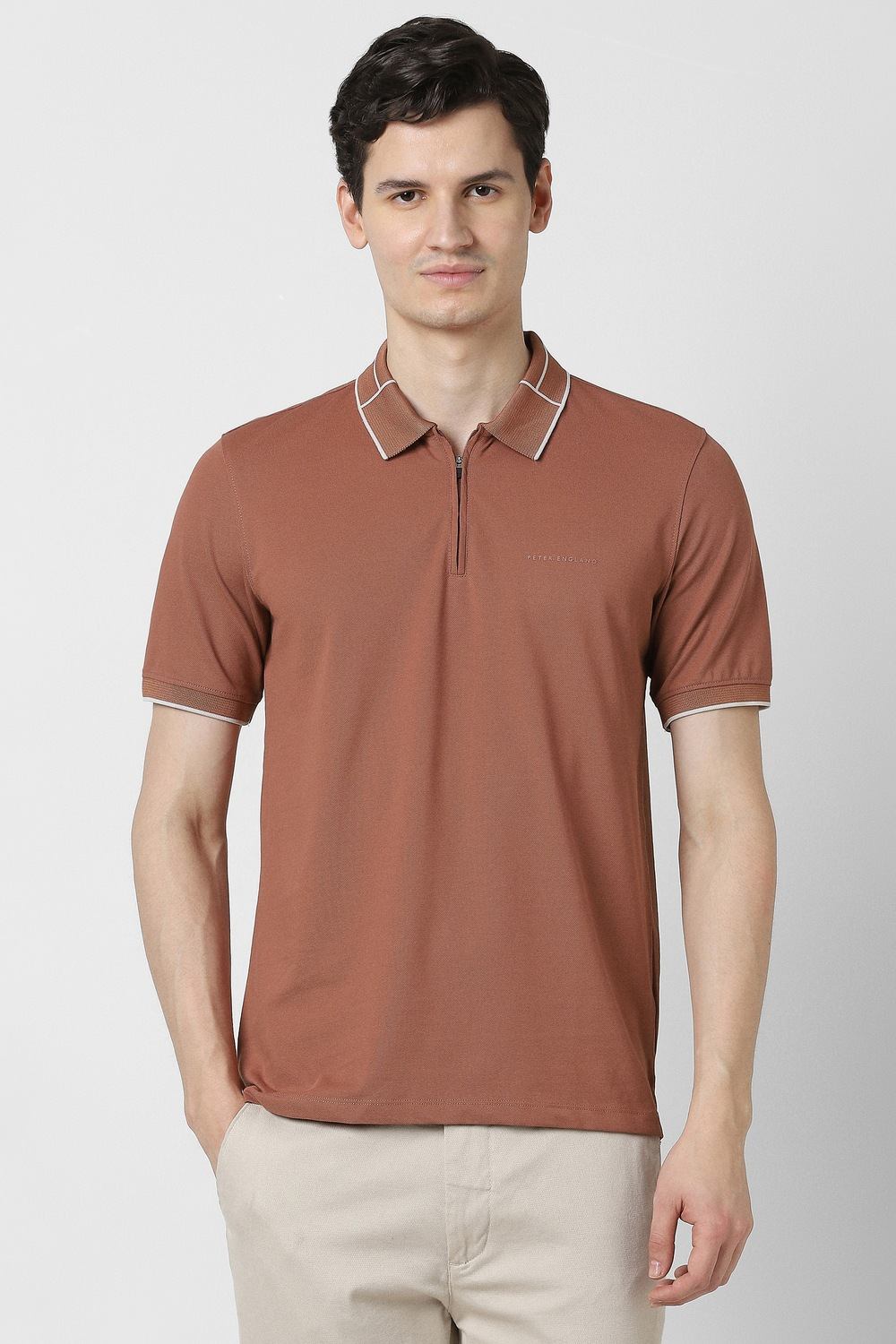 Men Brown Solid Polo Neck T-shirt