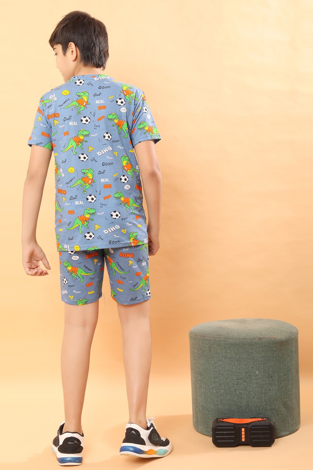 Ninos Dreams Boys Dino Print 100 % Cotton Knit Half sleeves Coord Set with T-Shirt & Shorts-Grey