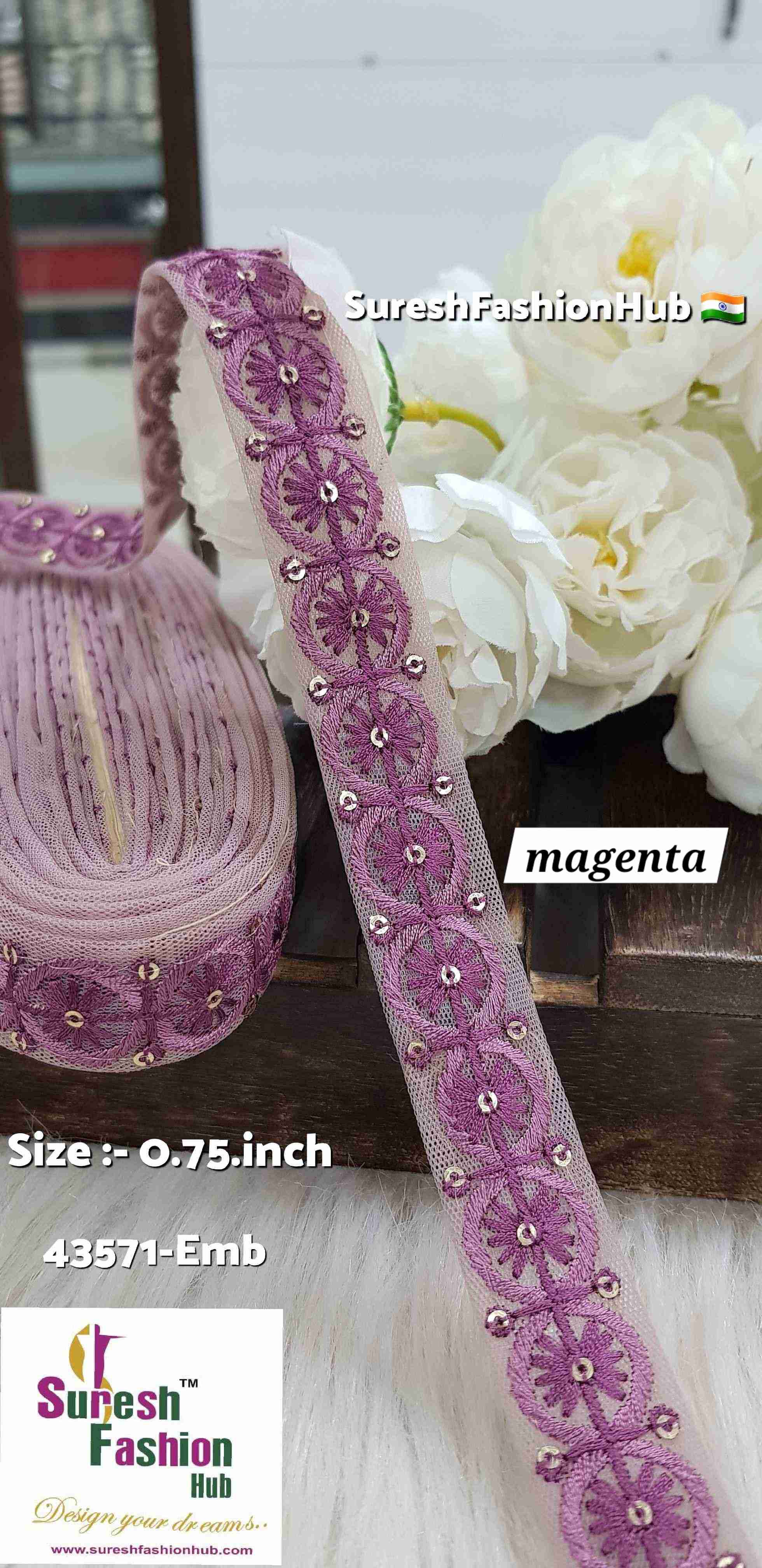 Magenta  Color Floral Circles Embroidery Lace