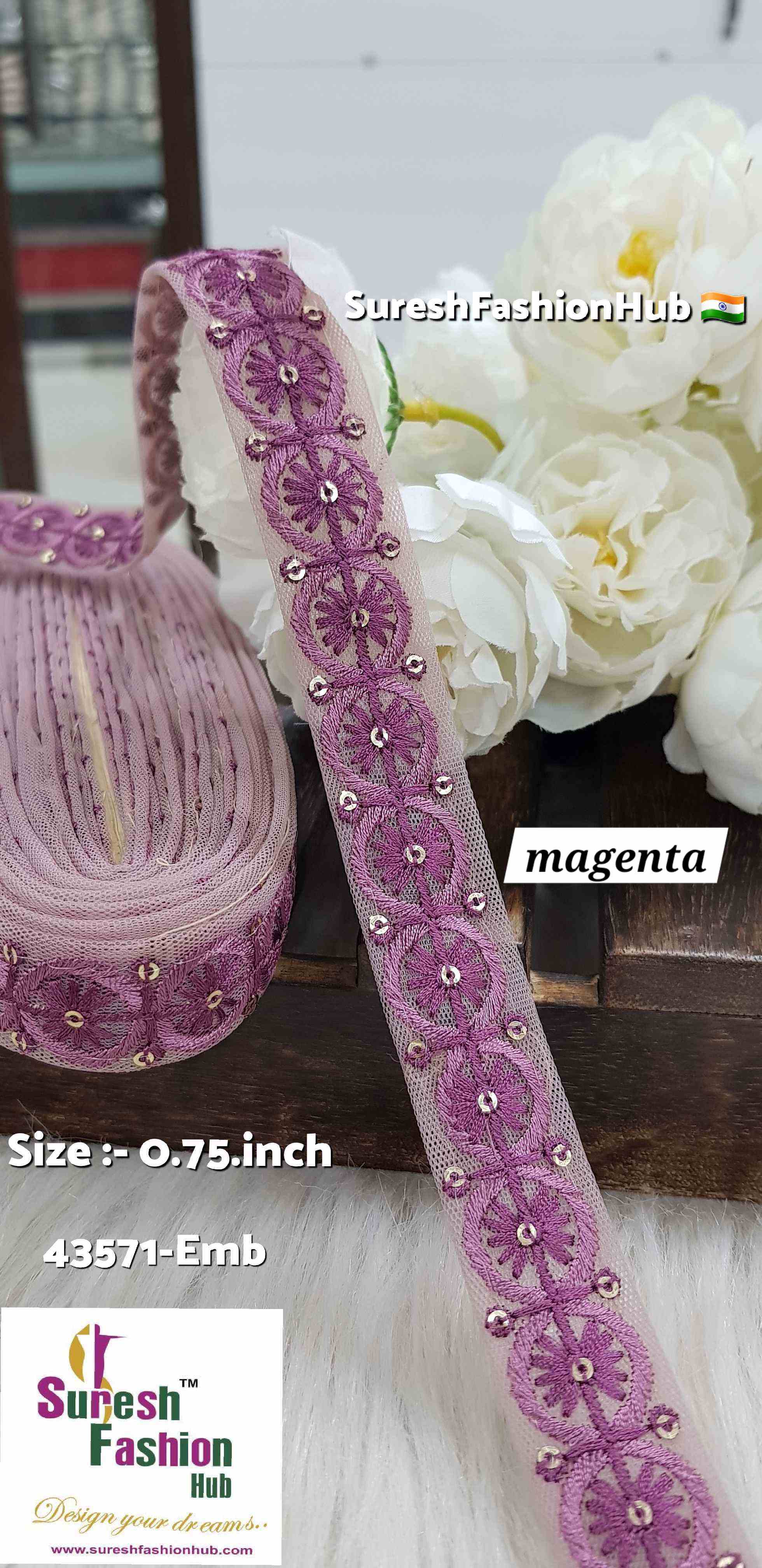 Magenta  Color Floral Circles Embroidery Lace