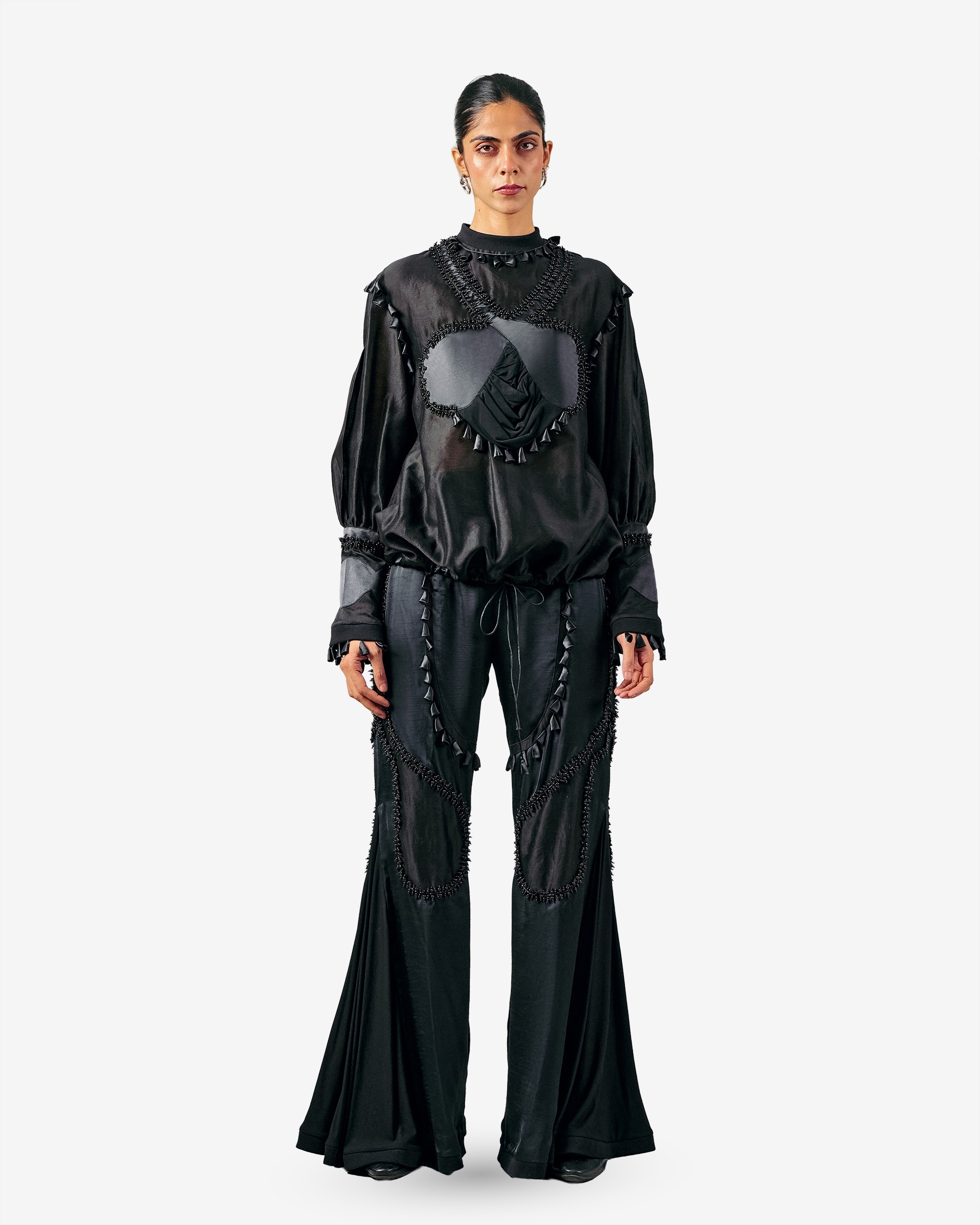 Cross Gathered Top & Sheer Insert Godet Trouser Set