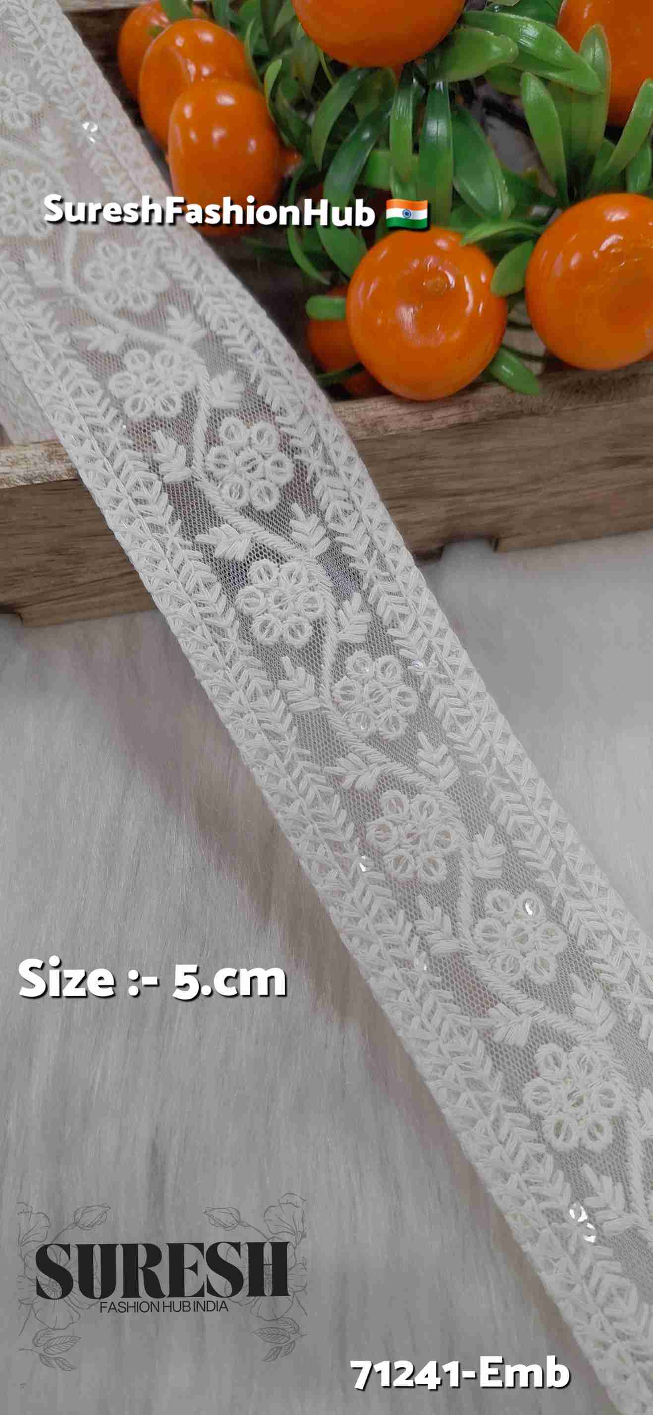 Off-White Floral Lakhnavi Sequin Border Lace – 71241-Emb