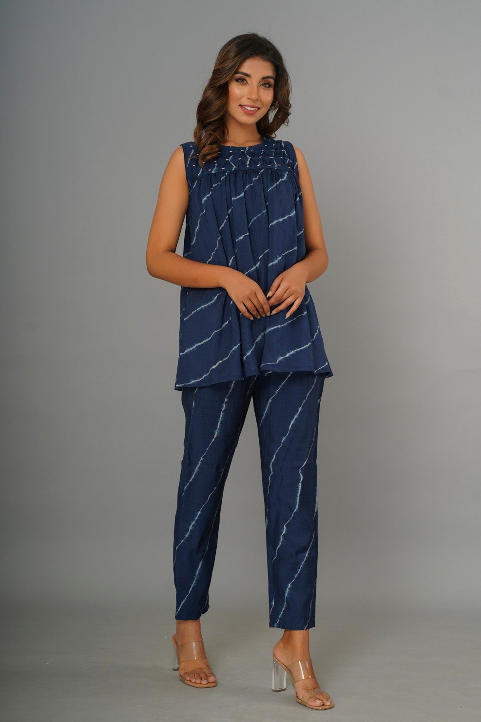 Blue Colored Printed And Gathered Peplum Co-ord Set