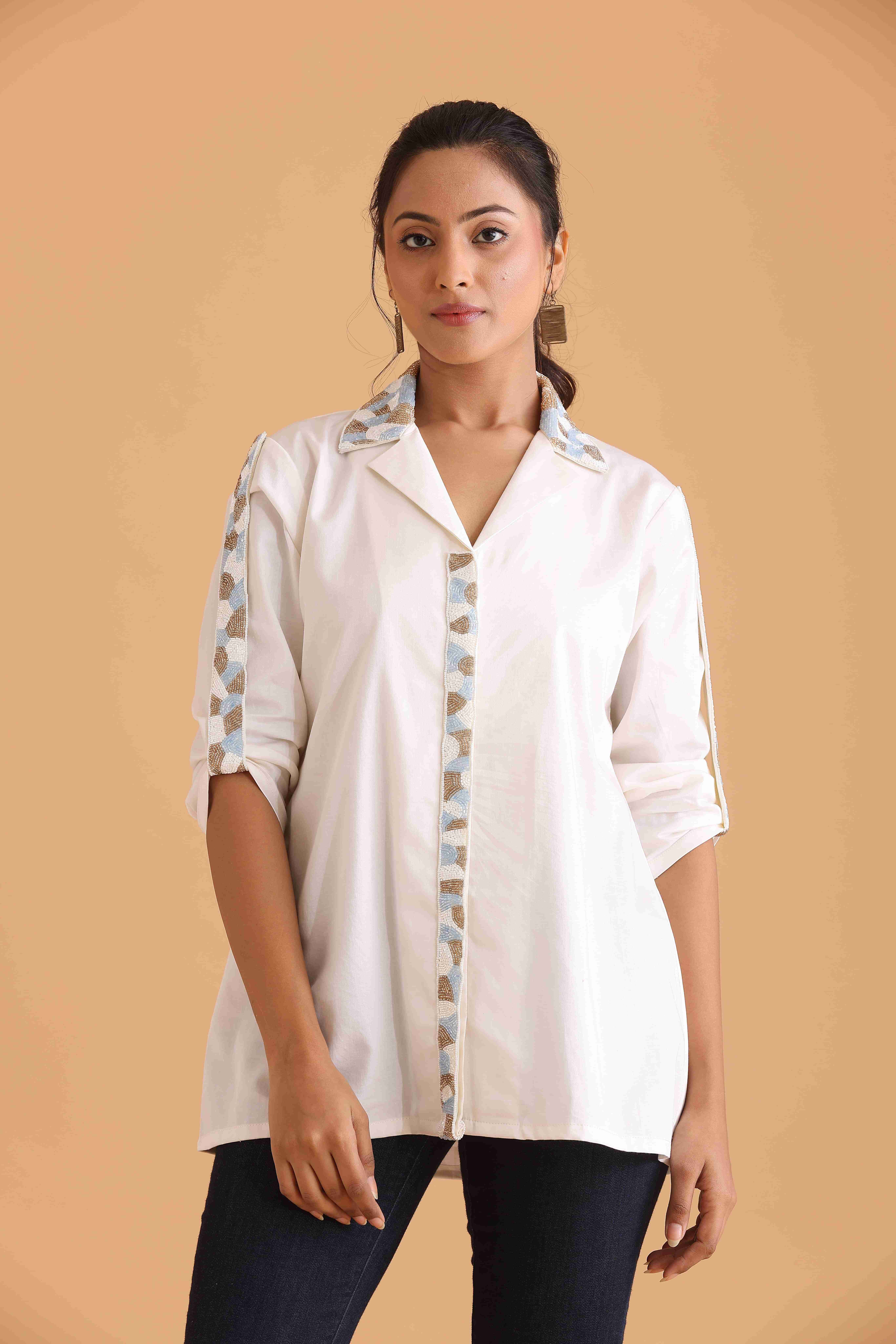 Ivory Embroidered Button-Down Shirt